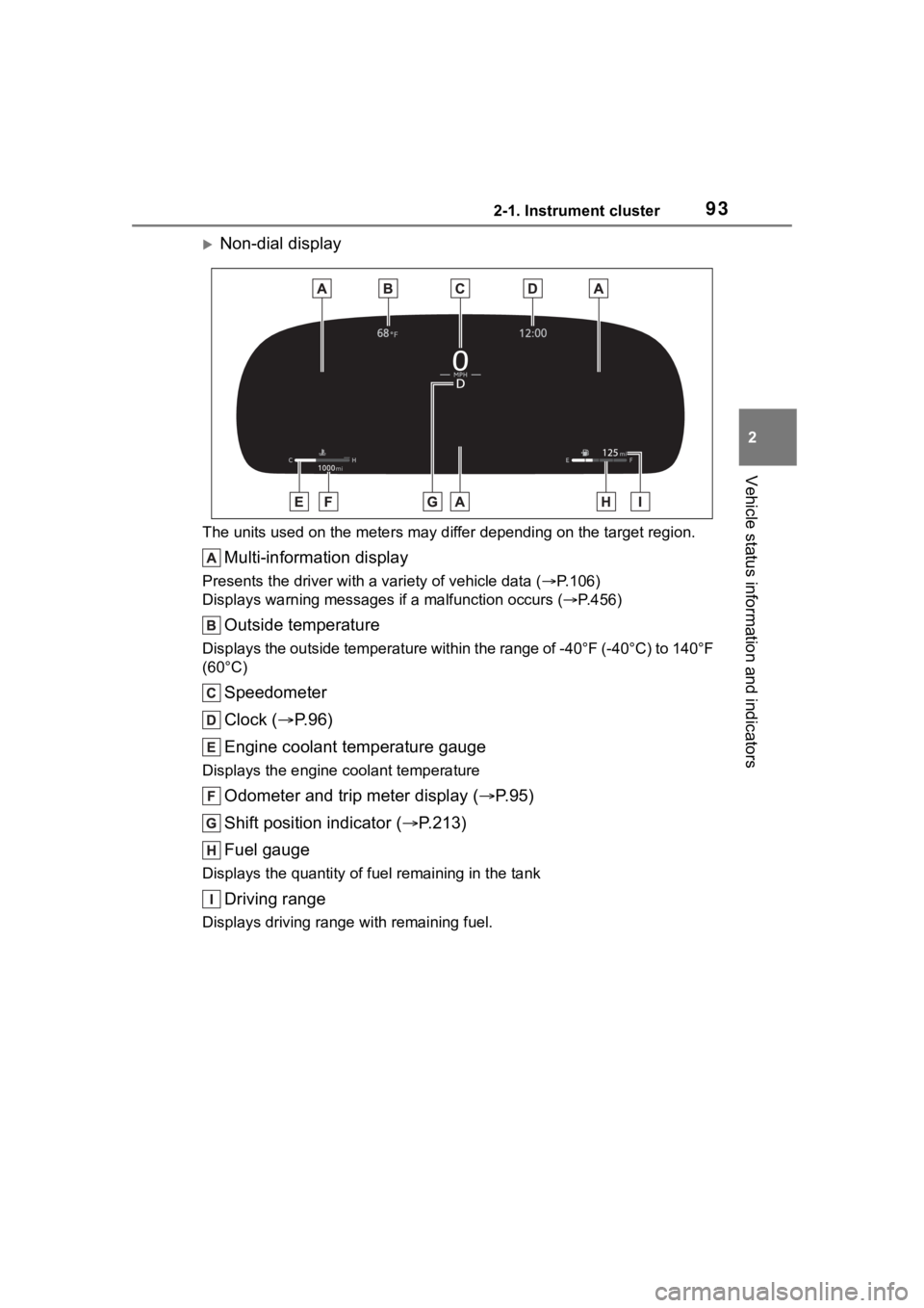 TOYOTA HIGHLANDER HYBRID 2023 Owners Manual 932-1. Instrument cluster
2
Vehicle status information and indicators
Non-dial display
The units used on the meters may differ depending on the target region.
Multi-information display
Presents the TOYOTA HIGHLANDER HYBRID 2023 Owners Manual 932-1. Instrument cluster
2
Vehicle status information and indicators
Non-dial display
The units used on the meters may differ depending on the target region.
Multi-information display
Presents the