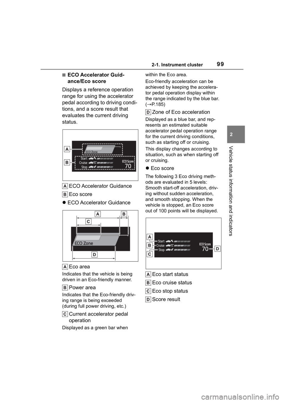 TOYOTA HIGHLANDER HYBRID 2023 Owners Manual 992-1. Instrument cluster
2
Vehicle status information and indicators
■ECO Accelerator Guid-
ance/Eco score
Displays a reference operation
range for using the accelerator
pedal according to drivin TOYOTA HIGHLANDER HYBRID 2023 Owners Manual 992-1. Instrument cluster
2
Vehicle status information and indicators
■ECO Accelerator Guid-
ance/Eco score
Displays a reference operation
range for using the accelerator
pedal according to drivin