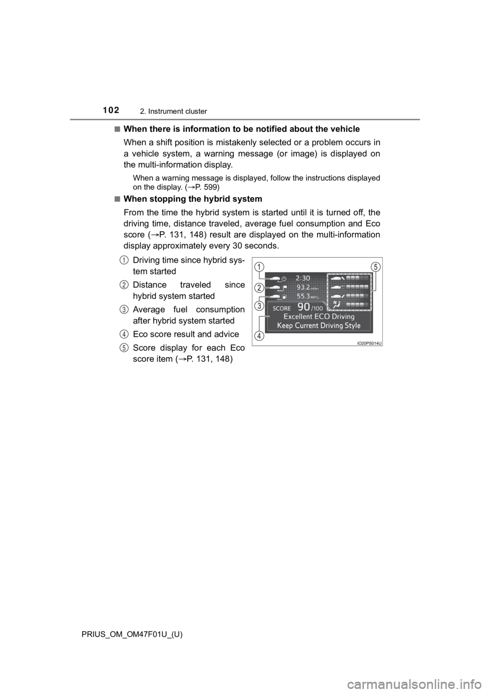 TOYOTA PRIUS 2022 Owners Manual 102
PRIUS_OM_OM47F01U_(U)
2. Instrument cluster
■When there is information to be notified about the vehicle
When a shift position is mistakenly selected or a problem occurs in
a vehicle system, a TOYOTA PRIUS 2022 Owners Manual 102
PRIUS_OM_OM47F01U_(U)
2. Instrument cluster
■When there is information to be notified about the vehicle
When a shift position is mistakenly selected or a problem occurs in
a vehicle system, a