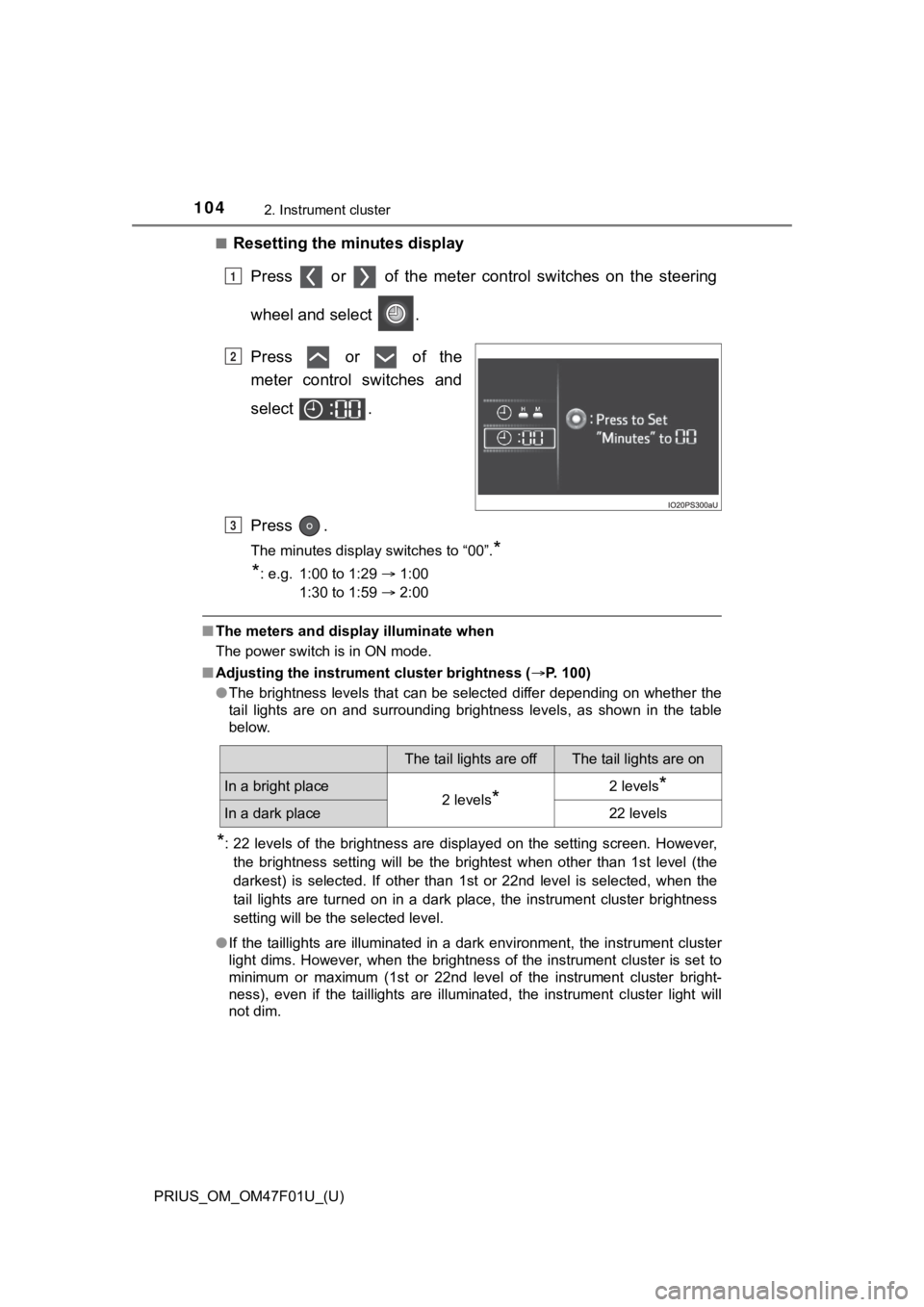 TOYOTA PRIUS 2022 Owners Manual 104
PRIUS_OM_OM47F01U_(U)
2. Instrument cluster
■Resetting the minutes displayPress or of the meter cont rol switches on the steering
wheel and select .
Press or of the
meter c TOYOTA PRIUS 2022 Owners Manual 104
PRIUS_OM_OM47F01U_(U)
2. Instrument cluster
■Resetting the minutes displayPress or of the meter cont rol switches on the steering
wheel and select .
Press or of the
meter c