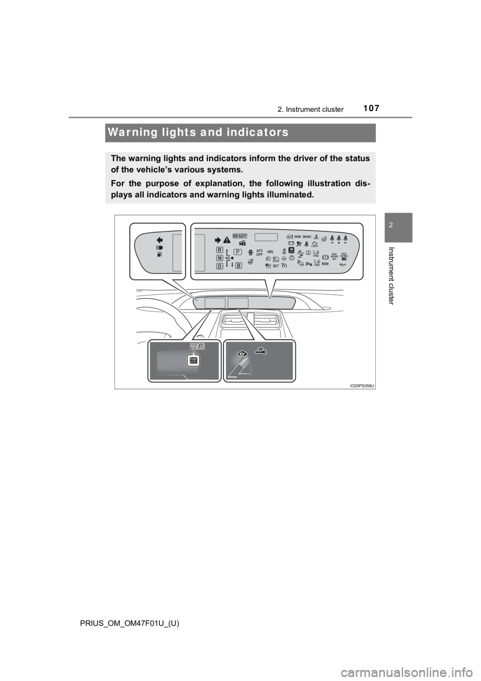 TOYOTA PRIUS 2022 Owners Manual 107
PRIUS_OM_OM47F01U_(U)
2. Instrument cluster
2
Instrument cluster
Warning lights and indicators
The warning lights and indicators inform the driver of the status
of the vehicle’s various systems. TOYOTA PRIUS 2022 Owners Manual 107
PRIUS_OM_OM47F01U_(U)
2. Instrument cluster
2
Instrument cluster
Warning lights and indicators
The warning lights and indicators inform the driver of the status
of the vehicle’s various systems.