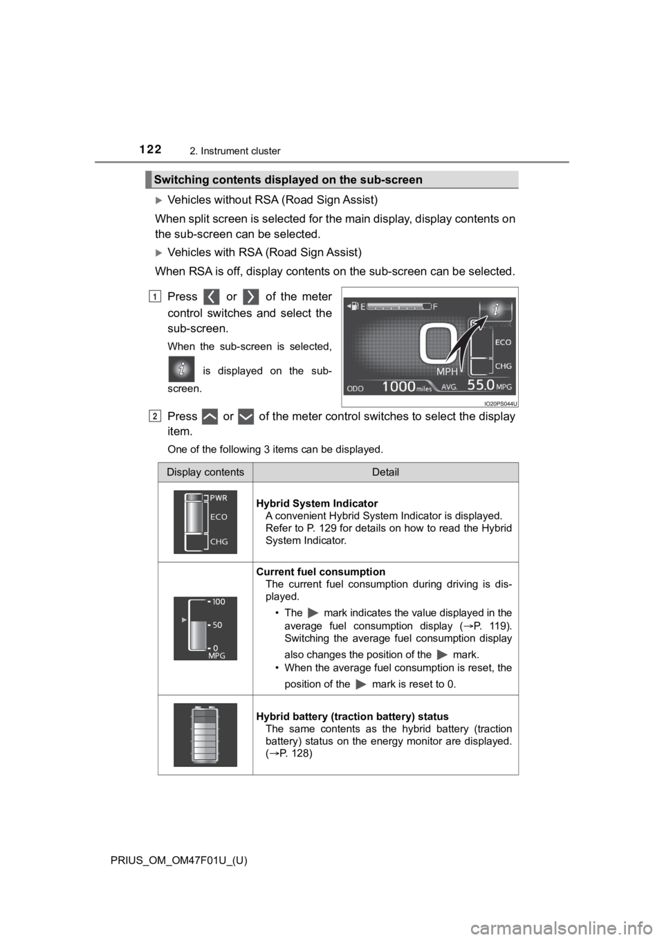 TOYOTA PRIUS 2022 Owners Manual 122
PRIUS_OM_OM47F01U_(U)
2. Instrument cluster
Vehicles without RSA (Road Sign Assist)
When split screen is selected for the main display, display con tents on
the sub-screen c an be selected.
TOYOTA PRIUS 2022 Owners Manual 122
PRIUS_OM_OM47F01U_(U)
2. Instrument cluster
Vehicles without RSA (Road Sign Assist)
When split screen is selected for the main display, display con tents on
the sub-screen c an be selected.
