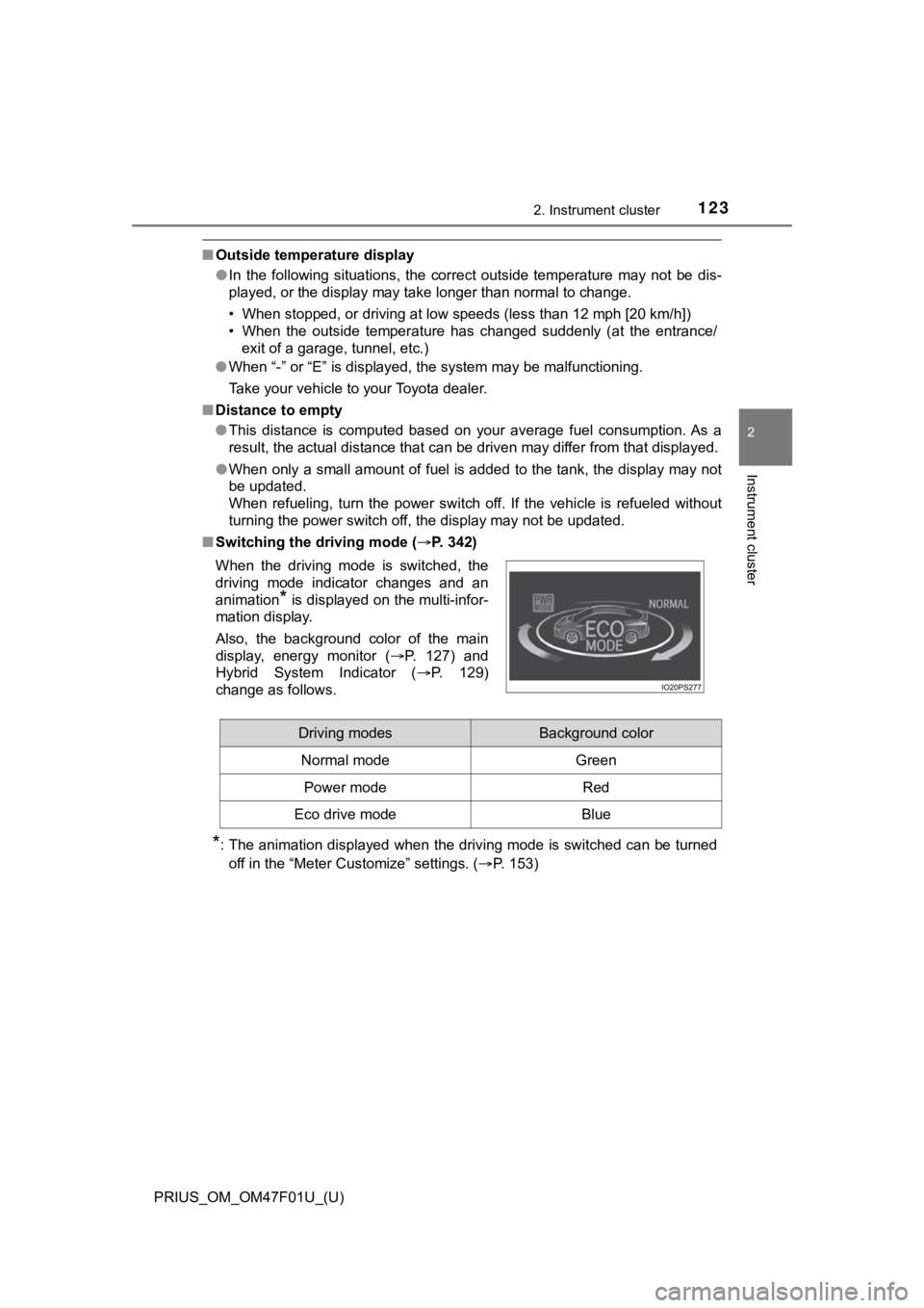 TOYOTA PRIUS 2022 Owners Manual PRIUS_OM_OM47F01U_(U)
1232. Instrument cluster
2
Instrument cluster
■Outside temperature display
●In the following situations, the correct outside temperature ma y not be dis-
played, o TOYOTA PRIUS 2022 Owners Manual PRIUS_OM_OM47F01U_(U)
1232. Instrument cluster
2
Instrument cluster
■Outside temperature display
●In the following situations, the correct outside temperature ma y not be dis-
played, o