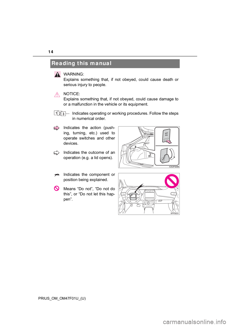TOYOTA PRIUS 2022 User Guide 14
PRIUS_OM_OM47F01U_(U)
Reading this manual
WARNING:
Explains something that, if not obeyed, could cause death or
serious injury to people.
NOTICE:
Explains something that, if not obeyed, TOYOTA PRIUS 2022 User Guide 14
PRIUS_OM_OM47F01U_(U)
Reading this manual
WARNING:
Explains something that, if not obeyed, could cause death or
serious injury to people.
NOTICE:
Explains something that, if not obeyed,