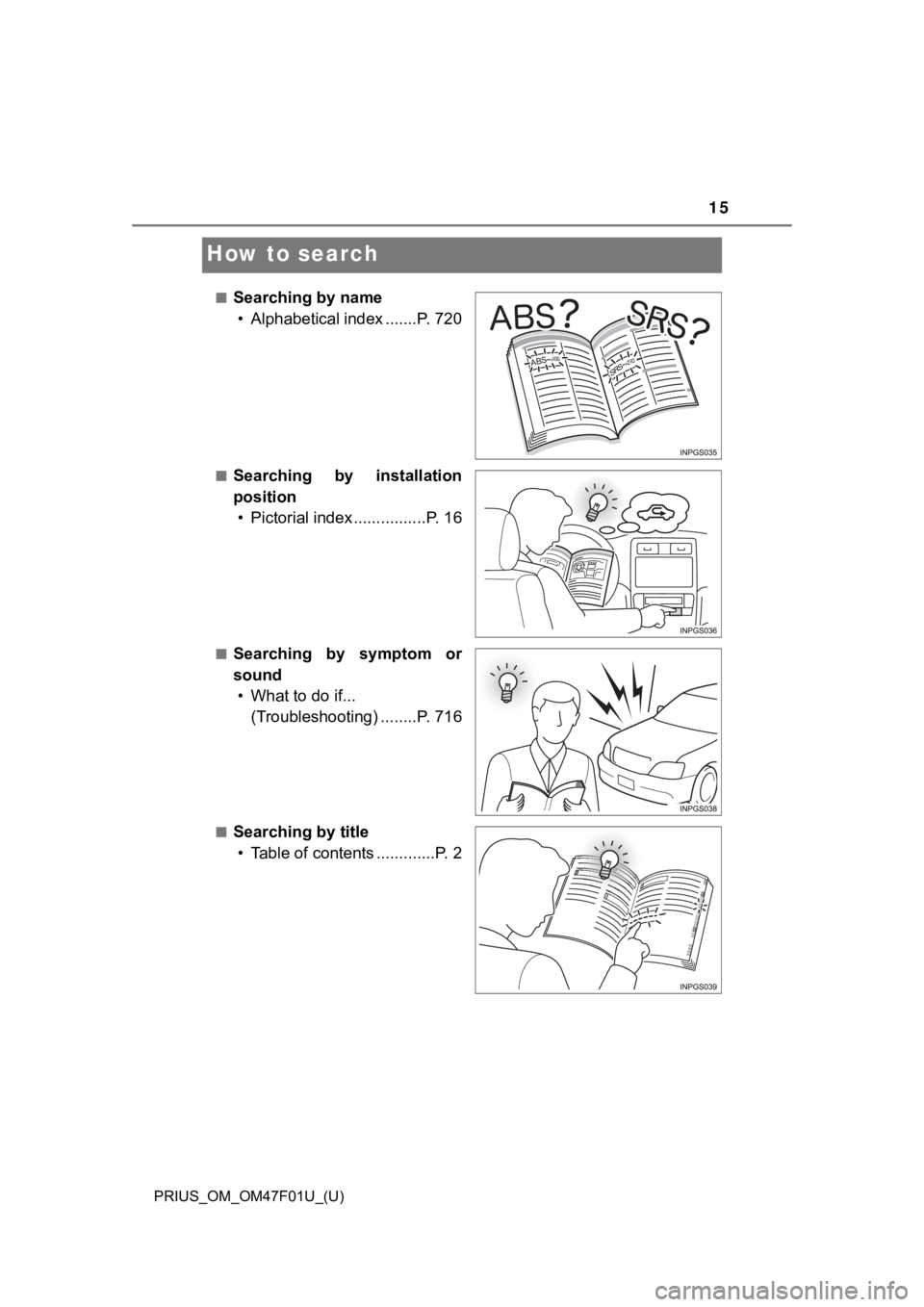 TOYOTA PRIUS 2022 User Guide 15
PRIUS_OM_OM47F01U_(U)
How to search
■Searching by name• Alphabetical index .......P. 720
■Searching by installation
position• Pictorial index ................P. 16
■Searching by sympt TOYOTA PRIUS 2022 User Guide 15
PRIUS_OM_OM47F01U_(U)
How to search
■Searching by name• Alphabetical index .......P. 720
■Searching by installation
position• Pictorial index ................P. 16
■Searching by sympt