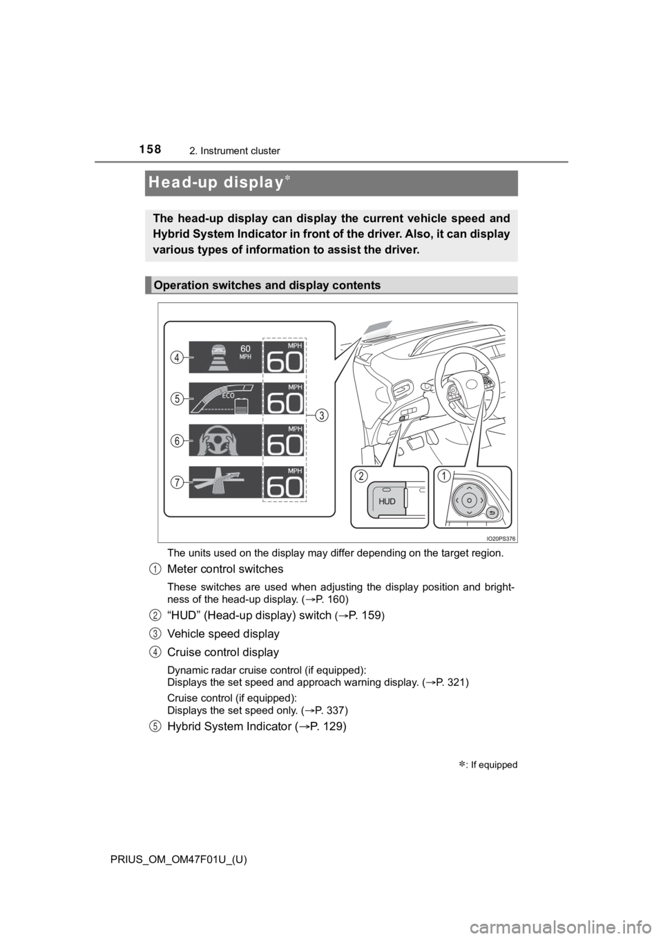 TOYOTA PRIUS 2022 Owners Manual 158
PRIUS_OM_OM47F01U_(U)
2. Instrument cluster
Head-up display
The units used on the display may differ depending on the target region.
Meter control switches
These switches are used when adj TOYOTA PRIUS 2022 Owners Manual 158
PRIUS_OM_OM47F01U_(U)
2. Instrument cluster
Head-up display
The units used on the display may differ depending on the target region.
Meter control switches
These switches are used when adj