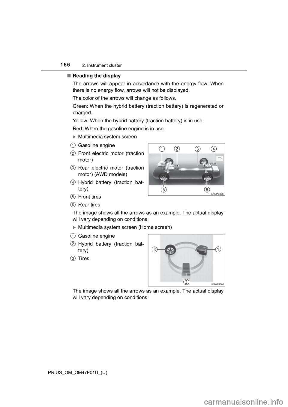 TOYOTA PRIUS 2022 Owners Manual 166
PRIUS_OM_OM47F01U_(U)
2. Instrument cluster
■Reading the display
The arrows will appear in accordance with the energy flow. When
there is no energy flow, arrows will not be displayed. TOYOTA PRIUS 2022 Owners Manual 166
PRIUS_OM_OM47F01U_(U)
2. Instrument cluster
■Reading the display
The arrows will appear in accordance with the energy flow. When
there is no energy flow, arrows will not be displayed.