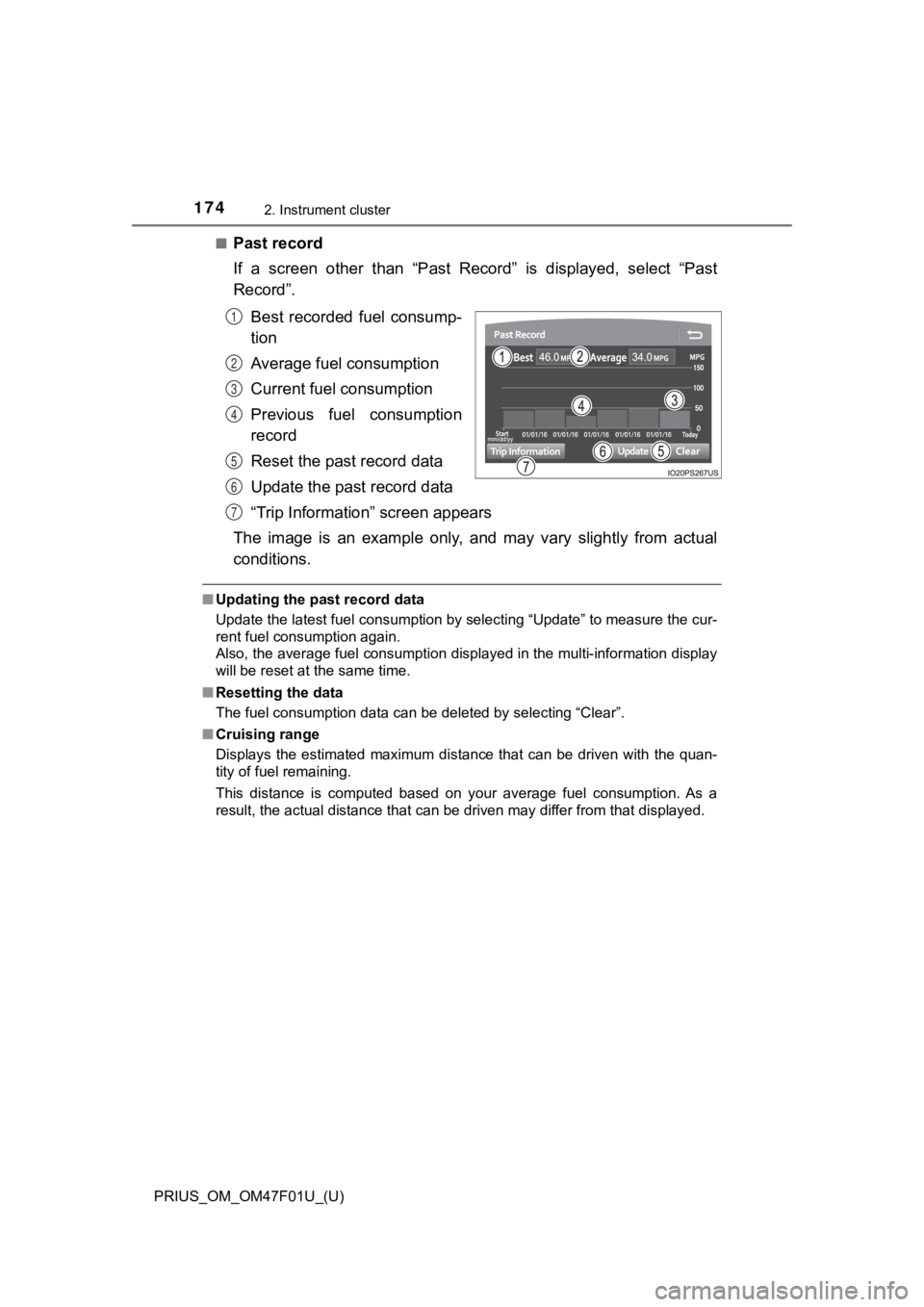 TOYOTA PRIUS 2022 Owners Manual 174
PRIUS_OM_OM47F01U_(U)
2. Instrument cluster
■Past record
If a screen other than “Past Record” is displayed, select “Past
Record”.Best recorded fuel consump-
tion
Average fue TOYOTA PRIUS 2022 Owners Manual 174
PRIUS_OM_OM47F01U_(U)
2. Instrument cluster
■Past record
If a screen other than “Past Record” is displayed, select “Past
Record”.Best recorded fuel consump-
tion
Average fue