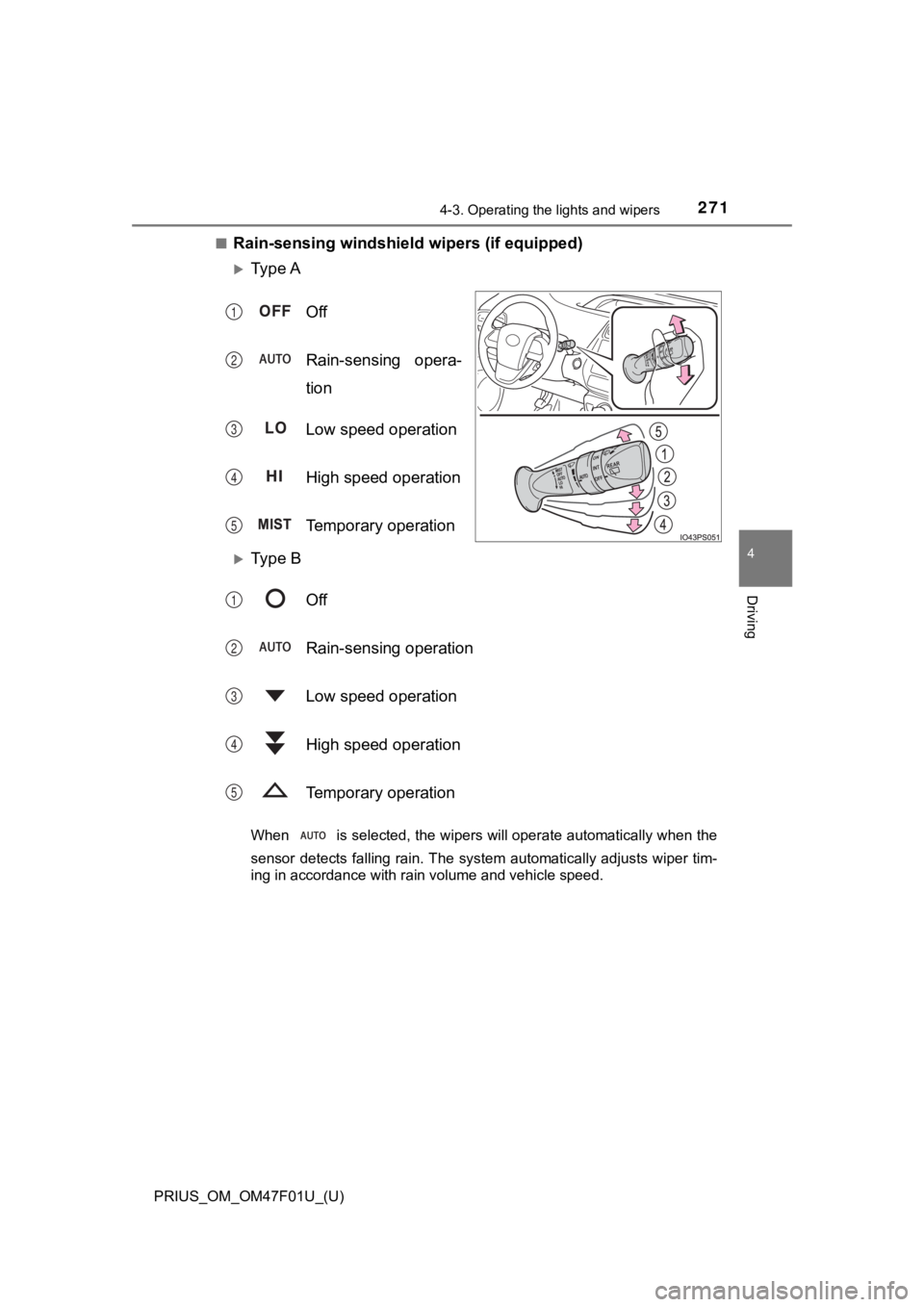 TOYOTA PRIUS 2022 Owners Manual PRIUS_OM_OM47F01U_(U)
2714-3. Operating the lights and wipers
4
Driving
■Rain-sensing windshield wipers (if equipped)
Ty p e A
Off
Rain-sensing opera-
tion
Low speed operation
High speed operat TOYOTA PRIUS 2022 Owners Manual PRIUS_OM_OM47F01U_(U)
2714-3. Operating the lights and wipers
4
Driving
■Rain-sensing windshield wipers (if equipped)
Ty p e A
Off
Rain-sensing opera-
tion
Low speed operation
High speed operat