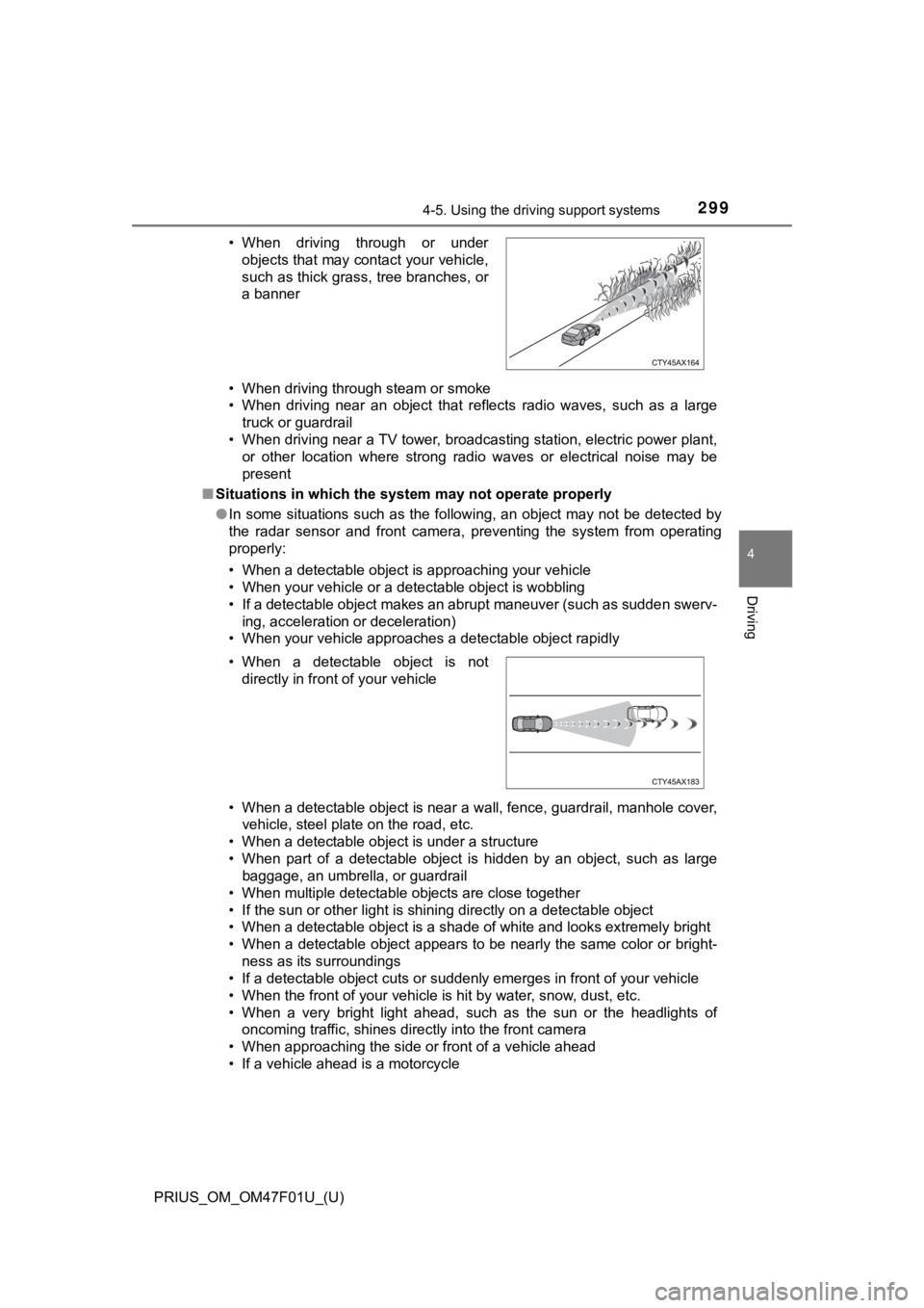 TOYOTA PRIUS 2022 Owners Manual PRIUS_OM_OM47F01U_(U)
2994-5. Using the driving support systems
4
Driving
• When driving through steam or smoke
• When driving near an object that reflects radio waves, such as a larg TOYOTA PRIUS 2022 Owners Manual PRIUS_OM_OM47F01U_(U)
2994-5. Using the driving support systems
4
Driving
• When driving through steam or smoke
• When driving near an object that reflects radio waves, such as a larg