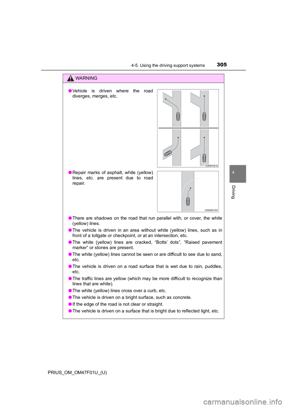 TOYOTA PRIUS 2022  Owners Manual PRIUS_OM_OM47F01U_(U)
3054-5. Using the driving support systems
4
Driving
WARNING
●There  are  shadows  on  the  road  that  run  parallel  with,  or  cover,  the  white
(yellow) lines.
● The  veh