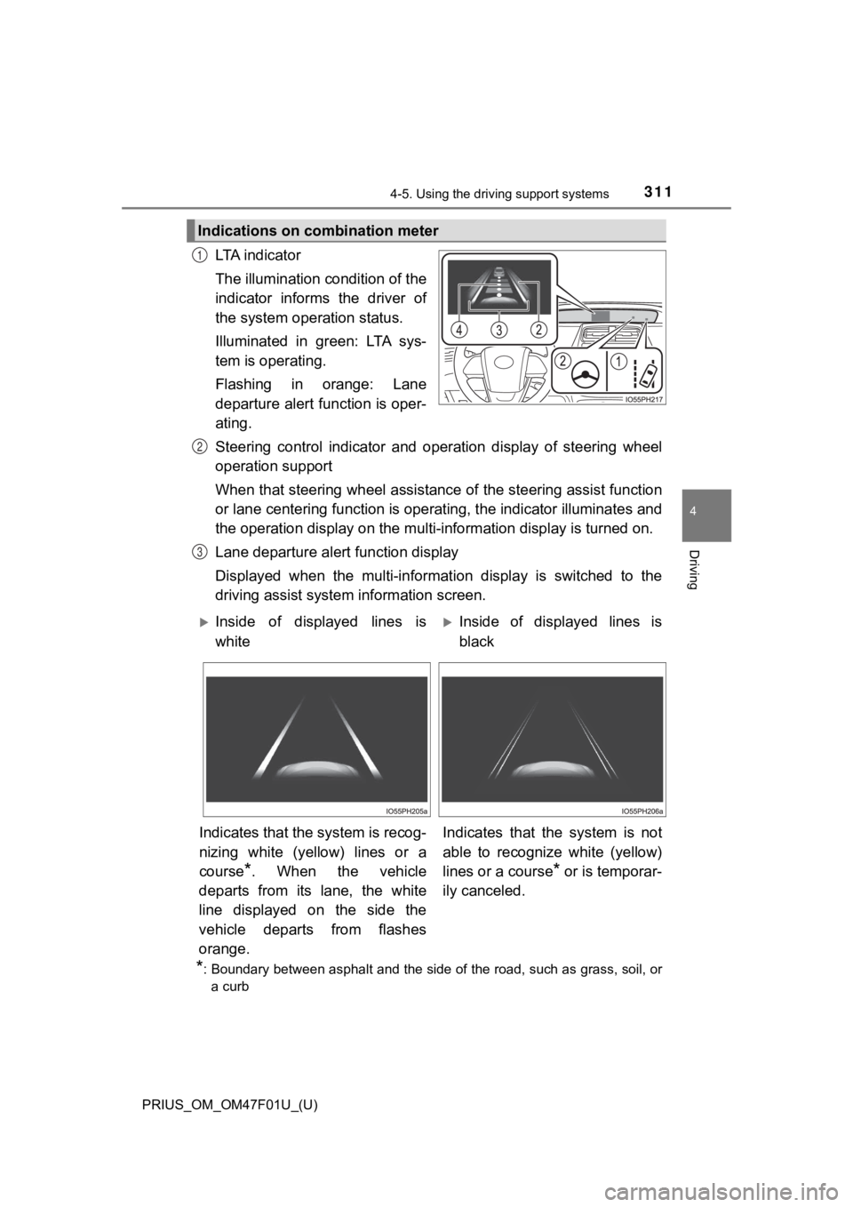 TOYOTA PRIUS 2022 Owners Manual PRIUS_OM_OM47F01U_(U)
3114-5. Using the driving support systems
4
Driving
LTA i n d i c a t o r
The illumination condition of the
indicator informs the driver of
the system operation status.
Ill TOYOTA PRIUS 2022 Owners Manual PRIUS_OM_OM47F01U_(U)
3114-5. Using the driving support systems
4
Driving
LTA i n d i c a t o r
The illumination condition of the
indicator informs the driver of
the system operation status.
Ill