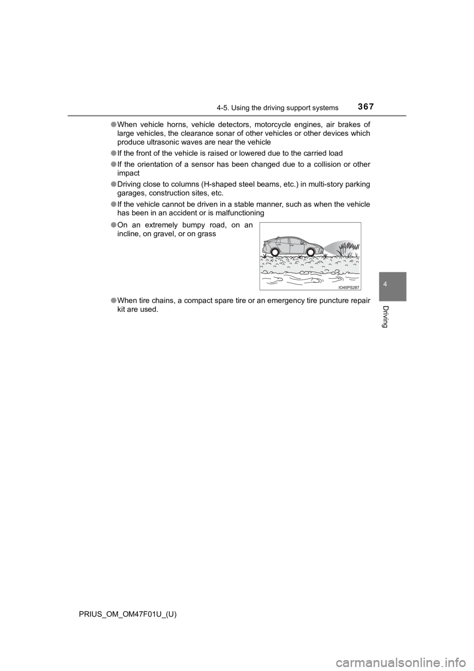 TOYOTA PRIUS 2022 Owners Manual PRIUS_OM_OM47F01U_(U)
3674-5. Using the driving support systems
4
Driving
●When vehicle horns, vehicle detectors, motorcycle engines, air brakes of
large vehicles, the clearance sonar of ot TOYOTA PRIUS 2022 Owners Manual PRIUS_OM_OM47F01U_(U)
3674-5. Using the driving support systems
4
Driving
●When vehicle horns, vehicle detectors, motorcycle engines, air brakes of
large vehicles, the clearance sonar of ot