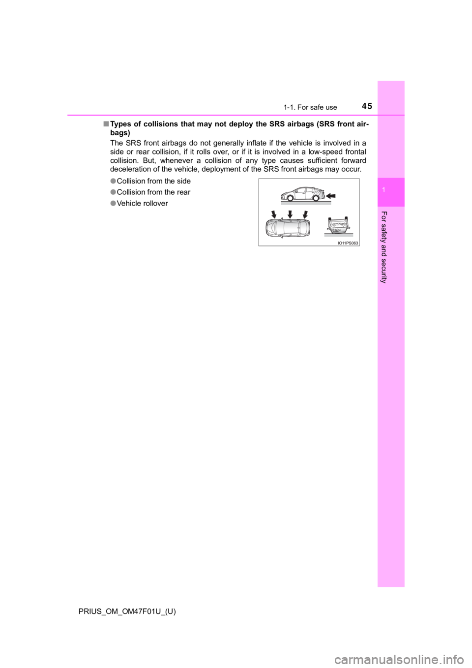 TOYOTA PRIUS 2022 Service Manual 451-1. For safe use
PRIUS_OM_OM47F01U_(U)
1
For safety and security
■Types  of  collisions  that  may  not  deploy  the  SRS  airbags  (SRS  fr ont  air-
bags)
The  SRS  front  airbags  do  not  gen