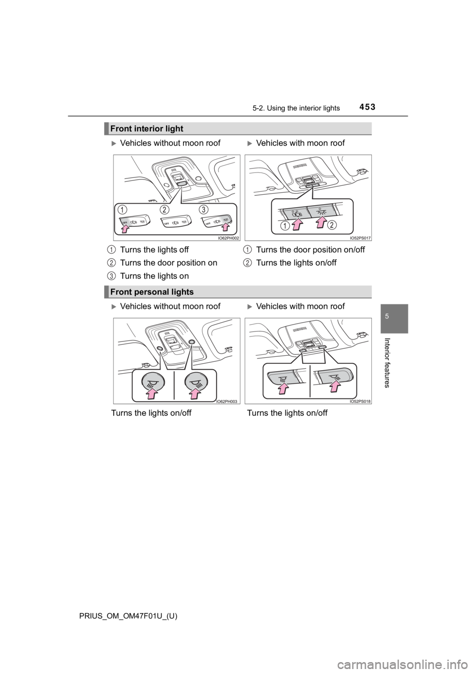 TOYOTA PRIUS 2022  Owners Manual PRIUS_OM_OM47F01U_(U)
4535-2. Using the interior lights
5
Interior features
Front interior light
Vehicles without moon roofVehicles with moon roof
Turns the lights off
Turns the door position on