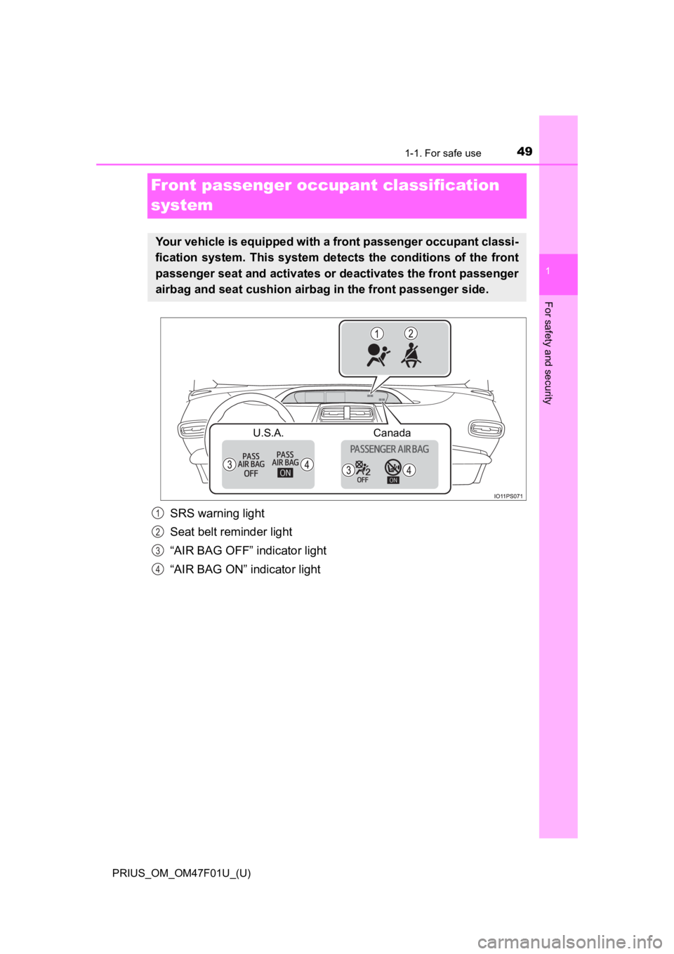 TOYOTA PRIUS 2022 Service Manual 491-1. For safe use
PRIUS_OM_OM47F01U_(U)
1
For safety and security
Front passenger occupant classification 
system
SRS warning light
Seat belt reminder light
“AIR BAG OFF” indicator light
“AIR 