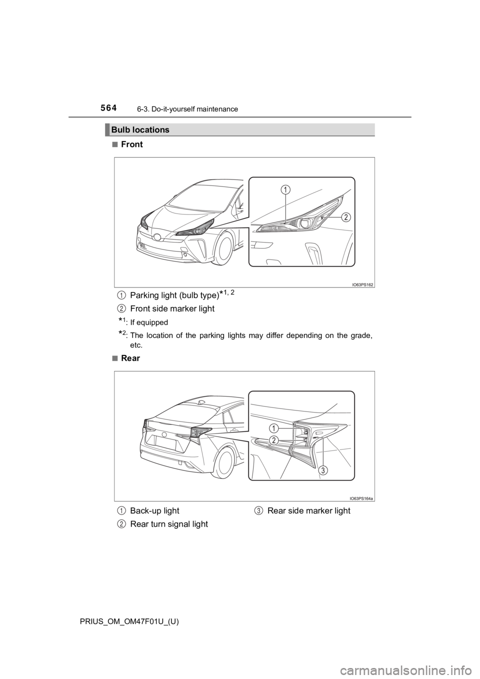 TOYOTA PRIUS 2022  Owners Manual 564
PRIUS_OM_OM47F01U_(U)
6-3. Do-it-yourself maintenance
■FrontParking light (bulb type)
*1, 2
Front side marker light
*1: If equipped
*2: The  location  of  the  parking  lights  may  differ  depe