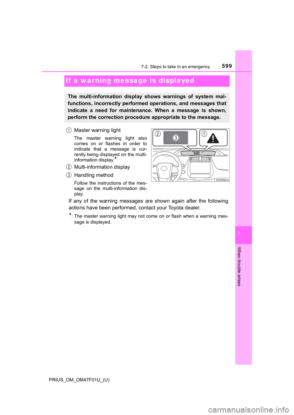 TOYOTA PRIUS 2022 Owners Manual 599
PRIUS_OM_OM47F01U_(U)
7
When trouble arises
7-2. Steps to take in an emergency
If a warning message is displayed
Master warning light
The master warning light also
comes on or flashes in TOYOTA PRIUS 2022 Owners Manual 599
PRIUS_OM_OM47F01U_(U)
7
When trouble arises
7-2. Steps to take in an emergency
If a warning message is displayed
Master warning light
The master warning light also
comes on or flashes in