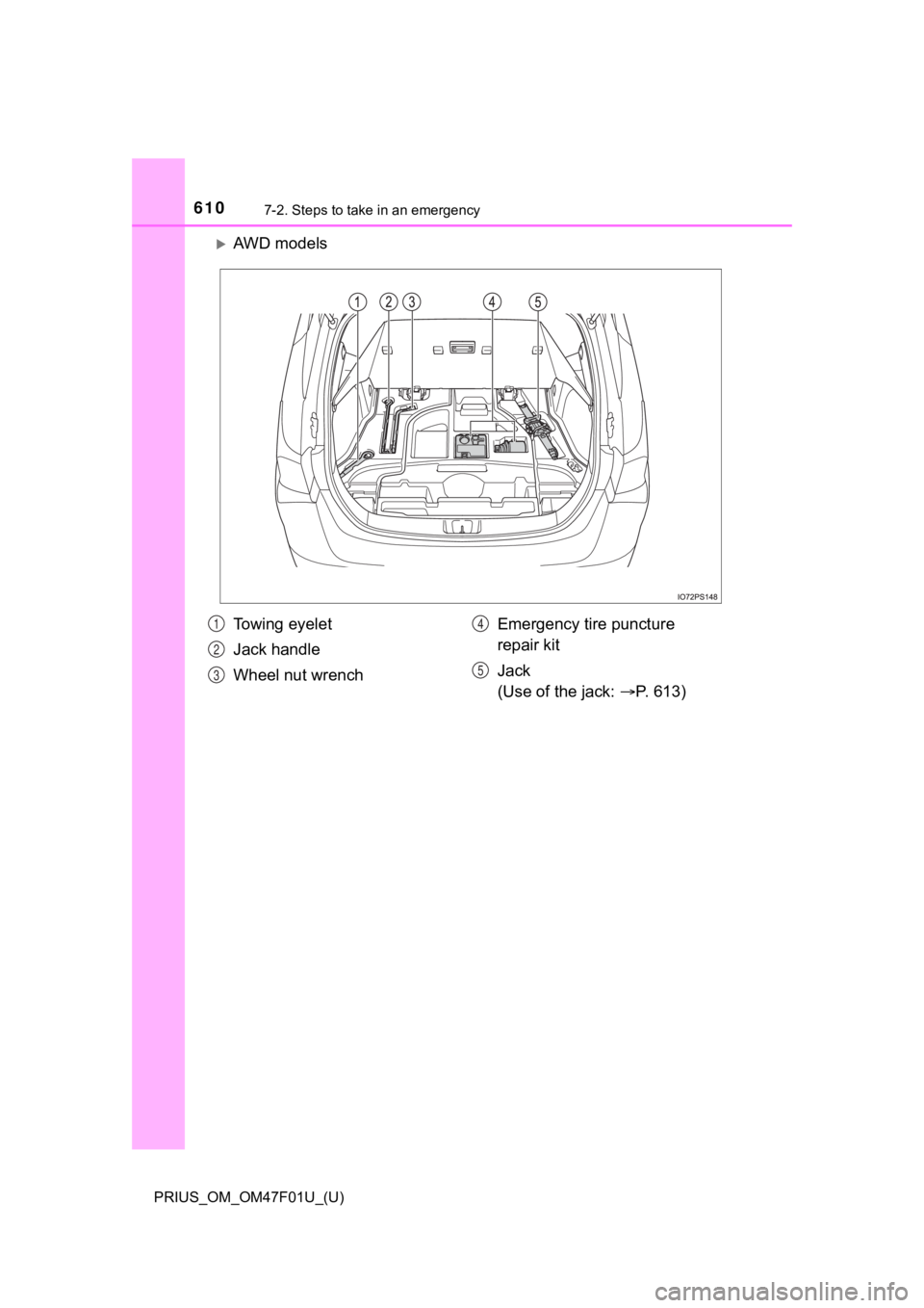 TOYOTA PRIUS 2022 Owners Manual 6107-2. Steps to take in an emergency
PRIUS_OM_OM47F01U_(U)
AWD models
To w i n g e y e l e t
Jack handle
Wheel nut wrenchEmergency tire puncture
repair kit
Jack
(Use of the jack:
P. 613)1
2 TOYOTA PRIUS 2022 Owners Manual 6107-2. Steps to take in an emergency
PRIUS_OM_OM47F01U_(U)
AWD models
To w i n g e y e l e t
Jack handle
Wheel nut wrenchEmergency tire puncture
repair kit
Jack
(Use of the jack:
P. 613)1
2
