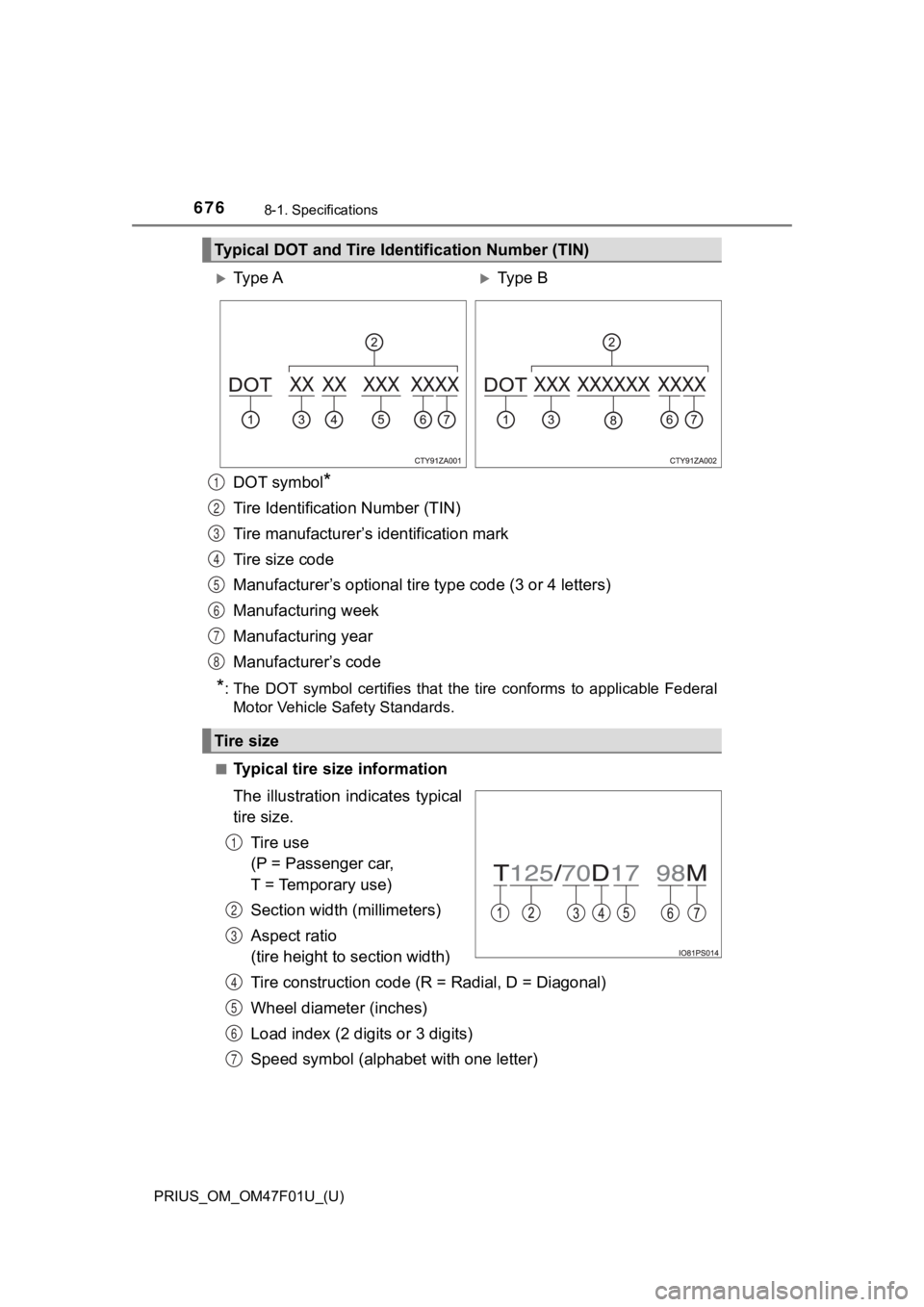 TOYOTA PRIUS 2022 Owners Manual 676
PRIUS_OM_OM47F01U_(U)
8-1. Specifications
DOT symbol*
Tire Identification Number (TIN)
Tire manufacturer’s identification mark
Tire size code
Manufacturer’s optional tire type code (3 or 4 let TOYOTA PRIUS 2022 Owners Manual 676
PRIUS_OM_OM47F01U_(U)
8-1. Specifications
DOT symbol*
Tire Identification Number (TIN)
Tire manufacturer’s identification mark
Tire size code
Manufacturer’s optional tire type code (3 or 4 let