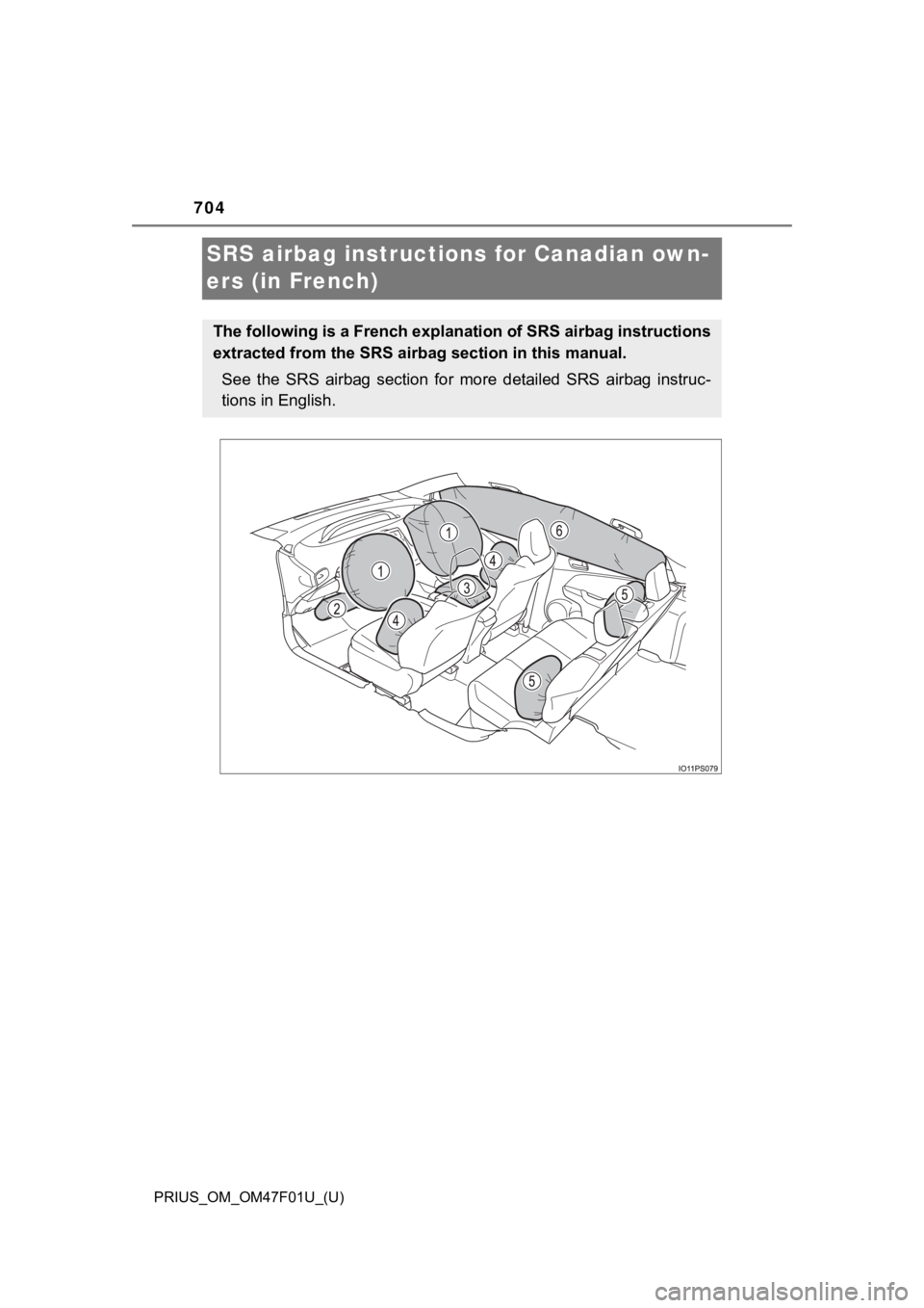 TOYOTA PRIUS 2022 Owners Manual 704
PRIUS_OM_OM47F01U_(U)
SRS airbag instructions for Canadian own-
ers (in French)
The following is a French explanation of SRS airbag instructions
extracted from the SRS air bag section in this manu TOYOTA PRIUS 2022 Owners Manual 704
PRIUS_OM_OM47F01U_(U)
SRS airbag instructions for Canadian own-
ers (in French)
The following is a French explanation of SRS airbag instructions
extracted from the SRS air bag section in this manu