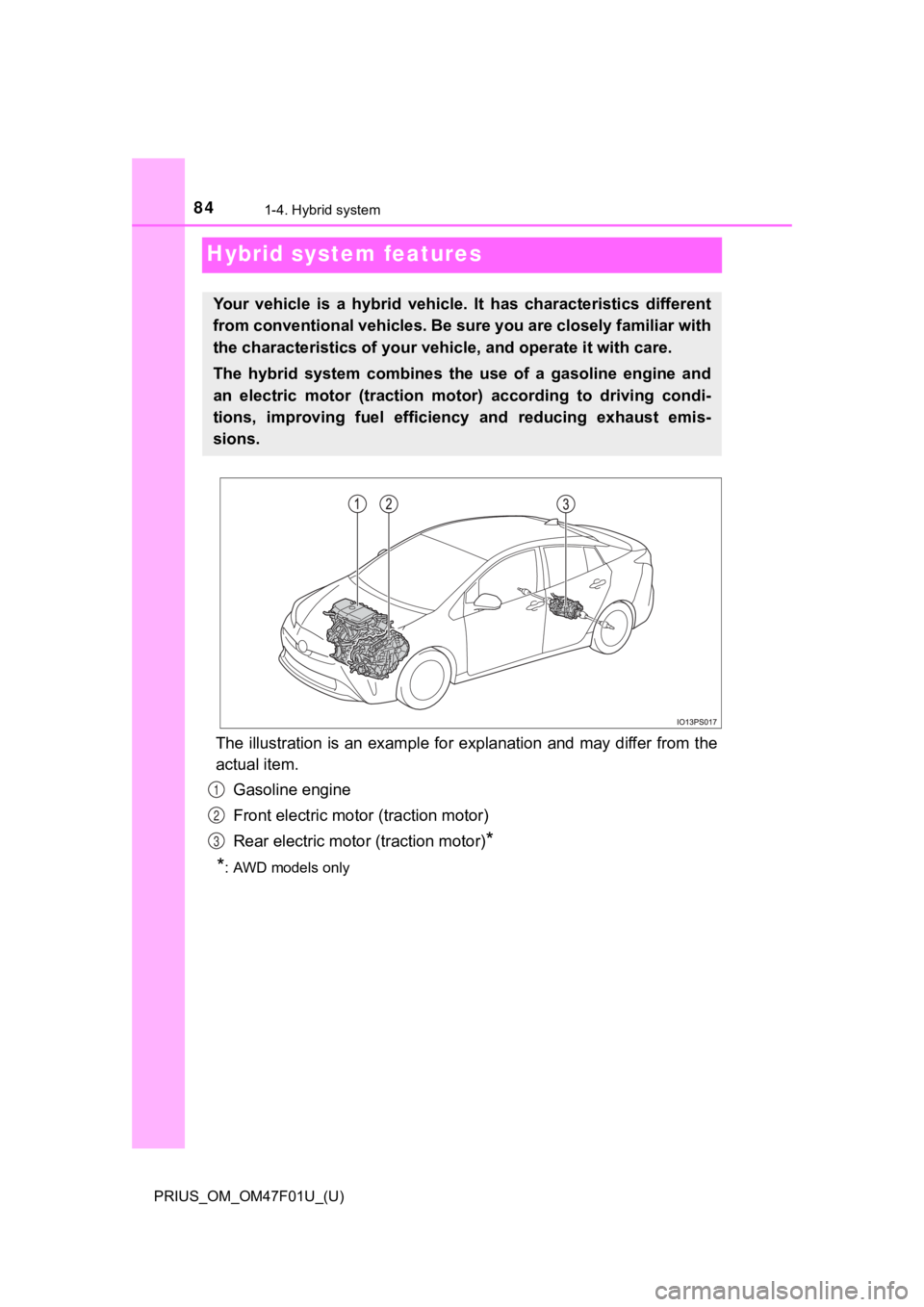 TOYOTA PRIUS 2022 Manual Online 841-4. Hybrid system
PRIUS_OM_OM47F01U_(U)
Hybrid system features
The illustration is an example for explanation and may differ from the
actual item.
Gasoline engine
Front electric motor (traction mot TOYOTA PRIUS 2022 Manual Online 841-4. Hybrid system
PRIUS_OM_OM47F01U_(U)
Hybrid system features
The illustration is an example for explanation and may differ from the
actual item.
Gasoline engine
Front electric motor (traction mot