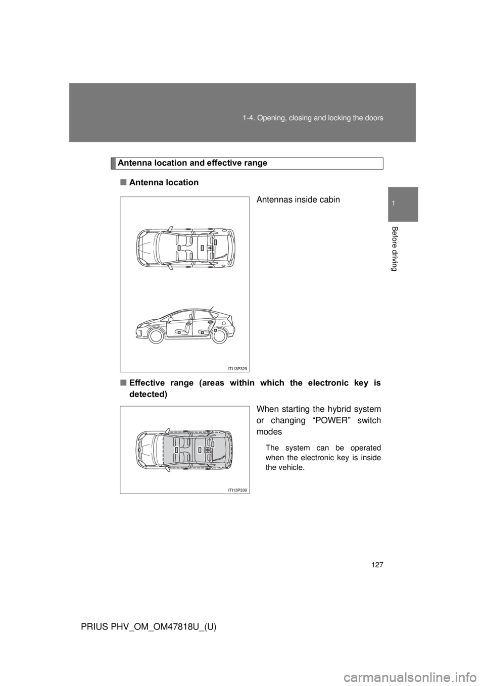 TOYOTA PRIUS PHV 2012  Owners Manual 127
1-4. Opening, closing and locking the doors
1
Before driving
PRIUS PHV_OM_OM47818U_(U)
Antenna location a
nd effective range
■ Antenna location
Antennas inside cabin
■ Effective  range  (areas