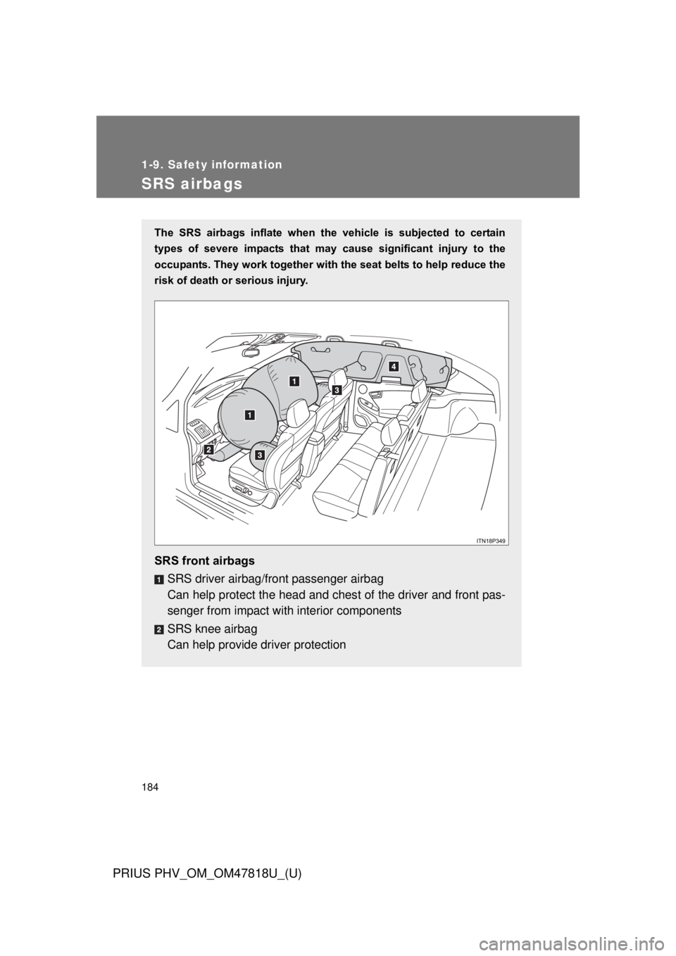 TOYOTA PRIUS PHV 2012 Owners Manual 184
1-9. Safety information
PRIUS PHV_OM_OM47818U_(U)
SRS airbags
The SRS airbags inflate when the vehicle is subjected to certain
types of severe impacts that may cause significant i TOYOTA PRIUS PHV 2012 Owners Manual 184
1-9. Safety information
PRIUS PHV_OM_OM47818U_(U)
SRS airbags
The SRS airbags inflate when the vehicle is subjected to certain
types of severe impacts that may cause significant i
