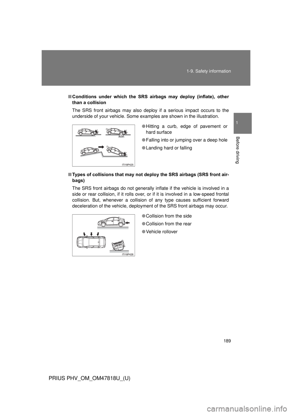 TOYOTA PRIUS PHV 2012 Owners Manual 189
1-9. Safety information
1
Before driving
PRIUS PHV_OM_OM47818U_(U)
■
Conditions under which the SRS airbags may deploy (inflate), other
than a collision
The SRS front airbags may also d TOYOTA PRIUS PHV 2012 Owners Manual 189
1-9. Safety information
1
Before driving
PRIUS PHV_OM_OM47818U_(U)
■
Conditions under which the SRS airbags may deploy (inflate), other
than a collision
The SRS front airbags may also d