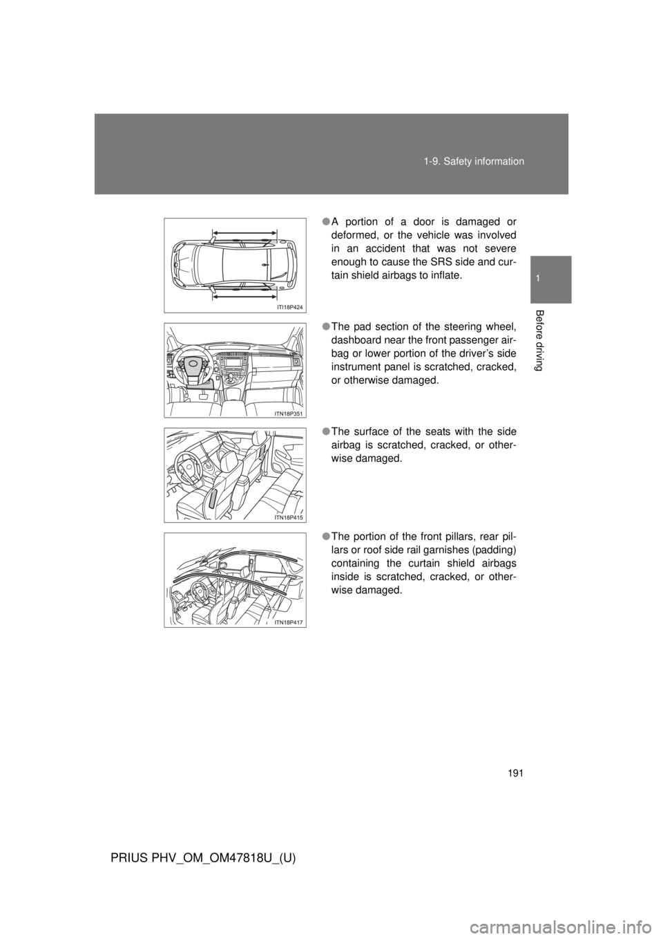 TOYOTA PRIUS PHV 2012  Owners Manual 191
1-9. Safety information
1
Before driving
PRIUS PHV_OM_OM47818U_(U)
●
A portion of a door is damaged or
deformed, or the vehicle was involved
in an accident that was not severe
enough to cause th
