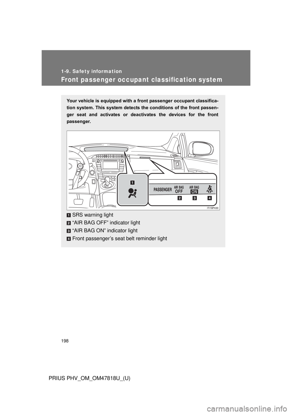 TOYOTA PRIUS PHV 2012  Owners Manual 198
1-9. Safety information
PRIUS PHV_OM_OM47818U_(U)
Front passenger occupant classification system
Your vehicle is equipped with a front passenger occupant classifica-
tion system. This system detec