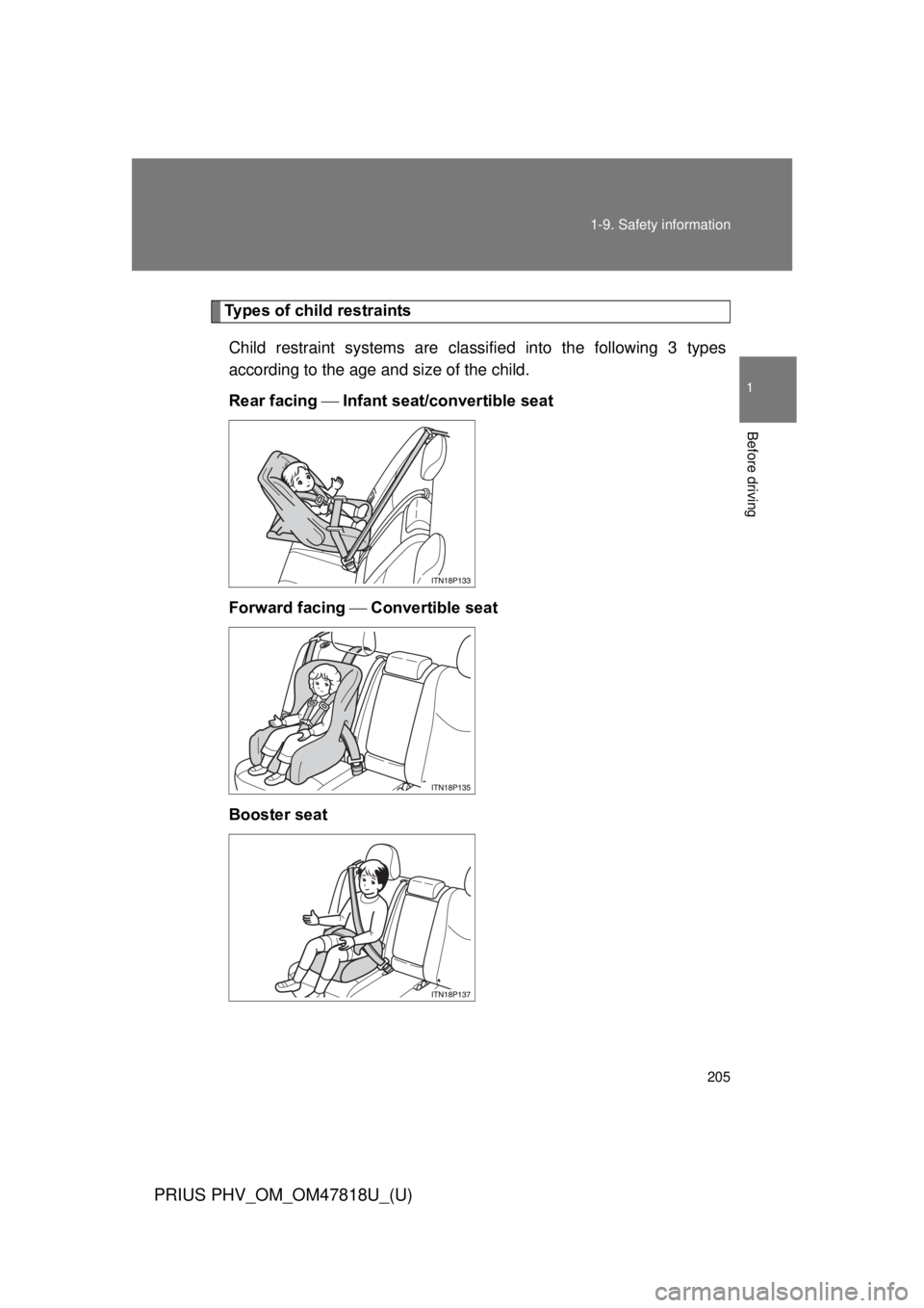 TOYOTA PRIUS PHV 2012  Owners Manual 205
1-9. Safety information
1
Before driving
PRIUS PHV_OM_OM47818U_(U)
Types of child restraints
Child restraint systems are classi fied into the following 3 types
according to the age and size of the