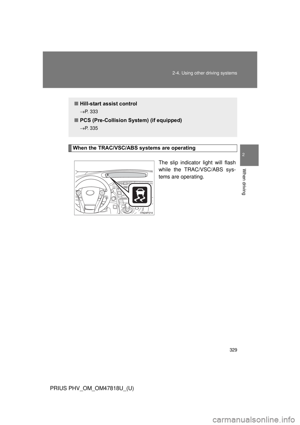 TOYOTA PRIUS PHV 2012 Owners Manual 329
2-4. Using other
driving systems
PRIUS PHV_OM_OM47818U_(U)
2
When driving
When the TRAC/VSC/ABS systems are operating
The slip indicator light will flash
while the TRAC/VSC/ABS sys-
tems are oper TOYOTA PRIUS PHV 2012 Owners Manual 329
2-4. Using other
driving systems
PRIUS PHV_OM_OM47818U_(U)
2
When driving
When the TRAC/VSC/ABS systems are operating
The slip indicator light will flash
while the TRAC/VSC/ABS sys-
tems are oper