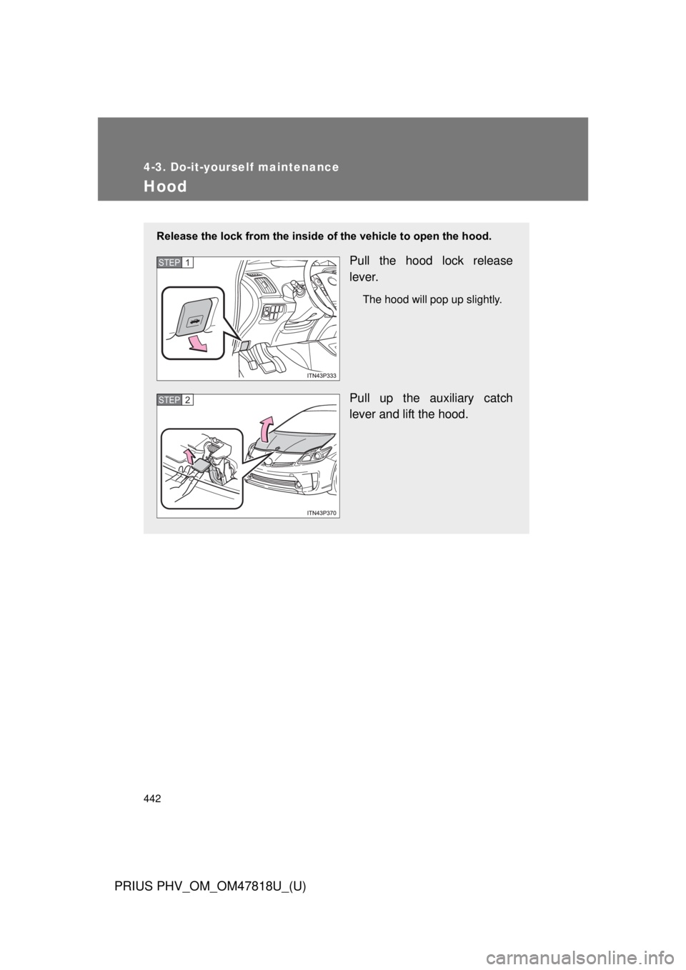 TOYOTA PRIUS PHV 2012  Owners Manual 442
4-3. Do-it-yourself maintenance
PRIUS PHV_OM_OM47818U_(U)
Hood
Release the lock from the inside of the vehicle to open the hood.
Pull the hood lock release
lever.
The hood will pop up slightly.
Pu