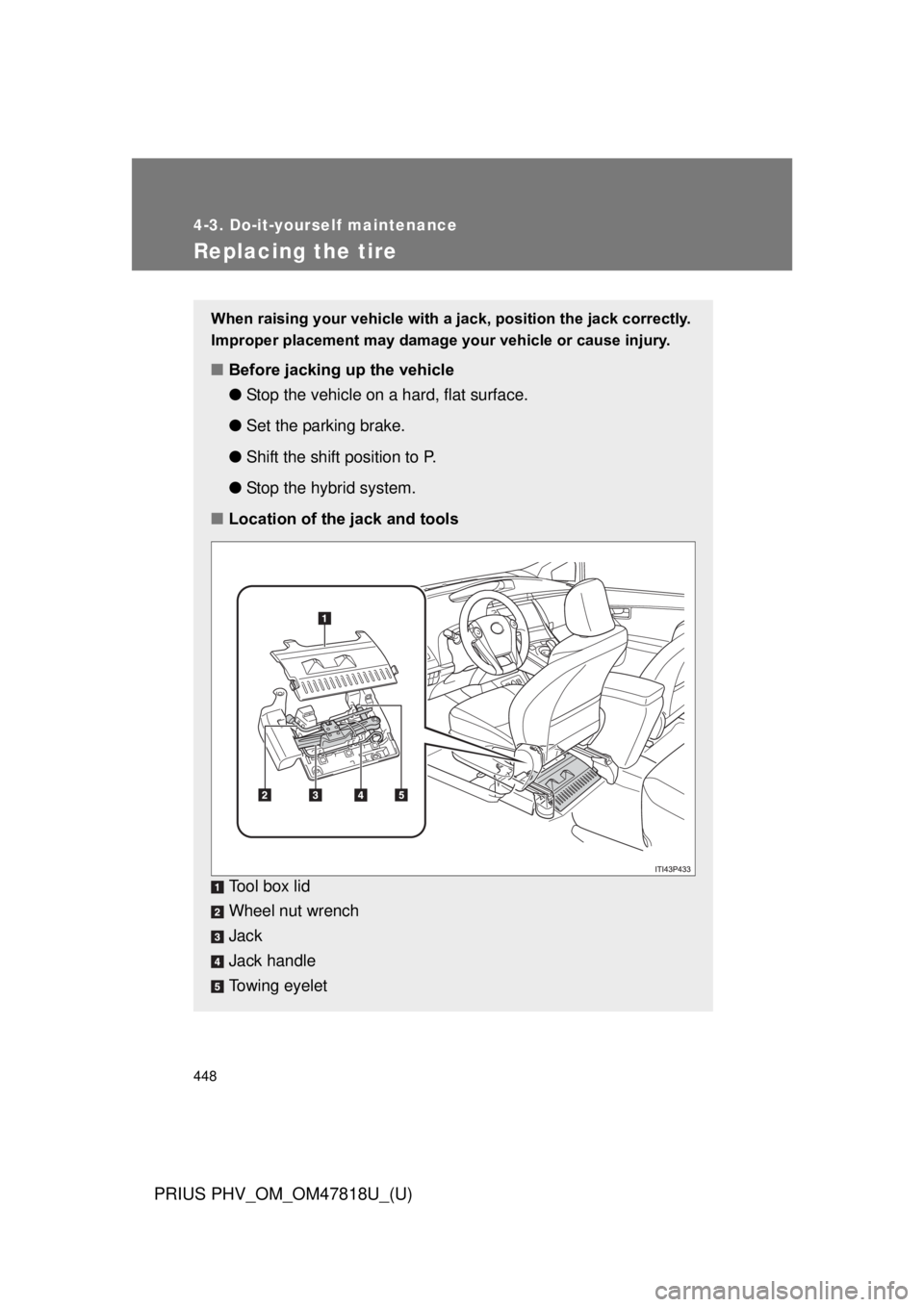 TOYOTA PRIUS PHV 2012  Owners Manual 448
4-3. Do-it-yourself maintenance
PRIUS PHV_OM_OM47818U_(U)
Replacing the tire
When raising your vehicle with a jack, position the jack correctly.
Improper placement may damage your vehicle or cause