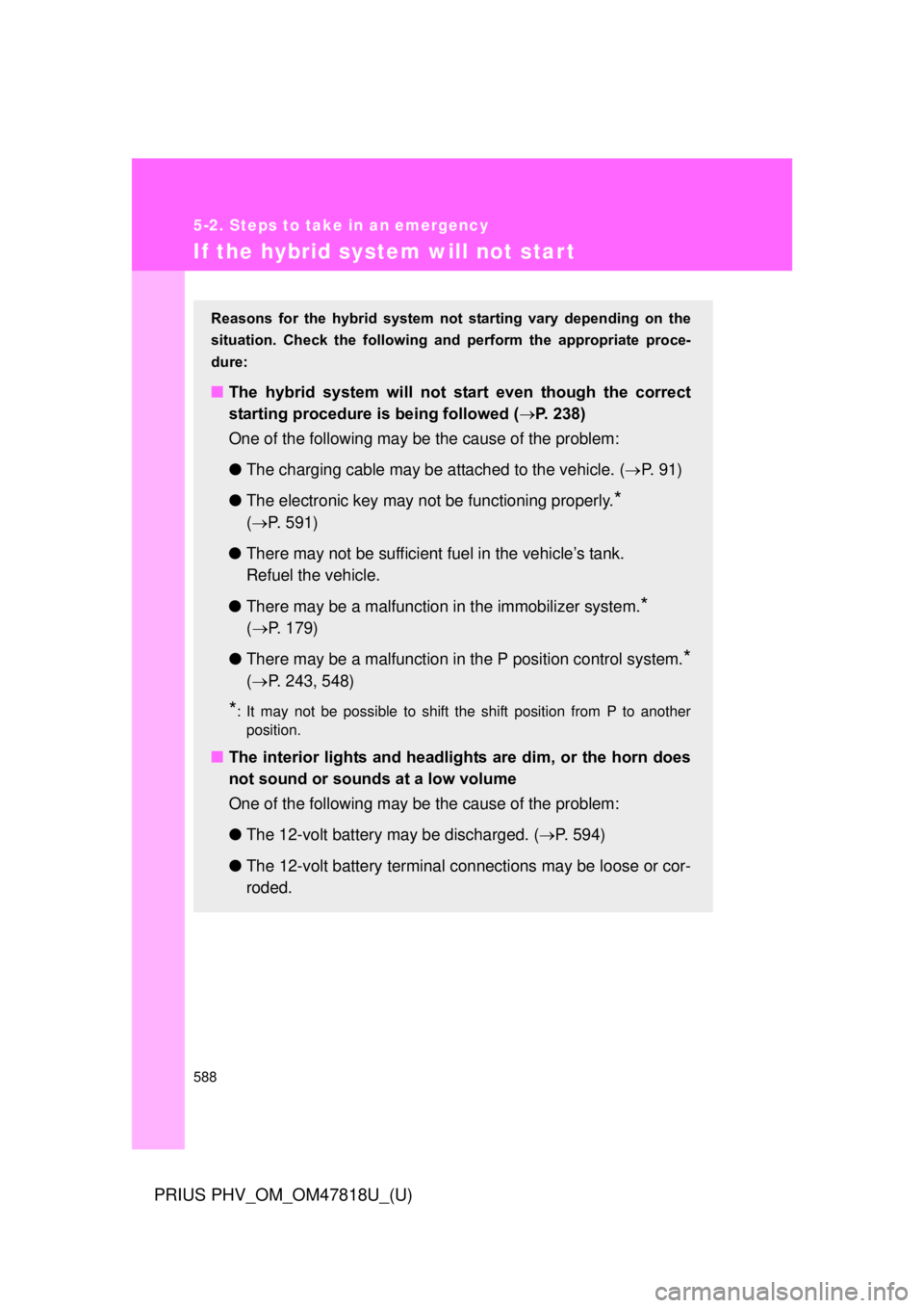 TOYOTA PRIUS PHV 2012 Owners Manual 588
5-2. Steps to take in an emergency
PRIUS PHV_OM_OM47818U_(U)
If the hybrid system will not start
Reasons for the hybrid system not starting vary depending on the
situation. Check the f TOYOTA PRIUS PHV 2012 Owners Manual 588
5-2. Steps to take in an emergency
PRIUS PHV_OM_OM47818U_(U)
If the hybrid system will not start
Reasons for the hybrid system not starting vary depending on the
situation. Check the f