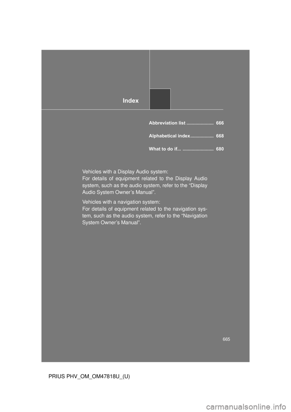 TOYOTA PRIUS PHV 2012  Owners Manual Index
665
PRIUS PHV_OM_OM47818U_(U)
Abbreviation list .....................  666
Alphabetical index ..................  668
What to do if... ........................  680
Vehicles with a Display Audio