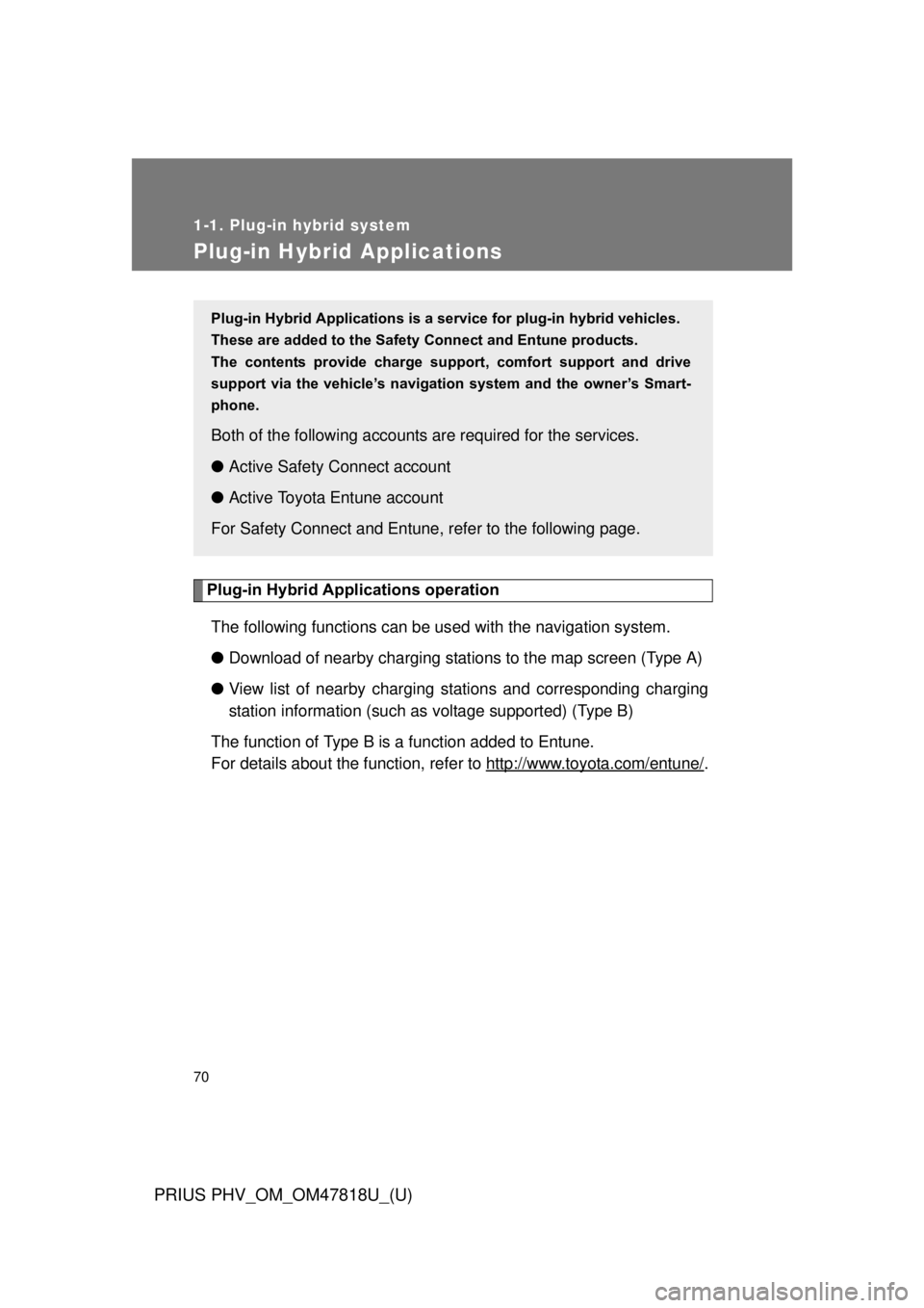 TOYOTA PRIUS PHV 2012 Repair Manual 70
1-1. Plug-in hybrid system
PRIUS PHV_OM_OM47818U_(U)
Plug-in Hybrid Applications
Plug-in Hybrid Applications operationThe following functions can be us ed with the navigation system.
● Download o TOYOTA PRIUS PHV 2012 Repair Manual 70
1-1. Plug-in hybrid system
PRIUS PHV_OM_OM47818U_(U)
Plug-in Hybrid Applications
Plug-in Hybrid Applications operationThe following functions can be us ed with the navigation system.
● Download o