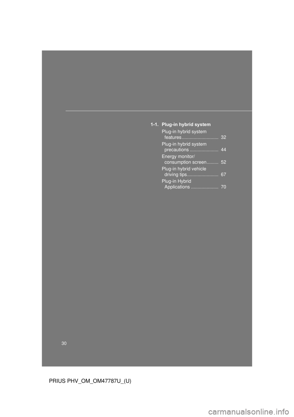 TOYOTA PRIUS PHV 2013 Owners Manual 30
PRIUS PHV_OM_OM47787U_(U)
1-1. Plug-in hybrid systemPlug-in hybrid system features ............................ 32
Plug-in hybrid system precautions ...................... 44
Energy monitor/ con TOYOTA PRIUS PHV 2013 Owners Manual 30
PRIUS PHV_OM_OM47787U_(U)
1-1. Plug-in hybrid systemPlug-in hybrid system features ............................ 32
Plug-in hybrid system precautions ...................... 44
Energy monitor/ con