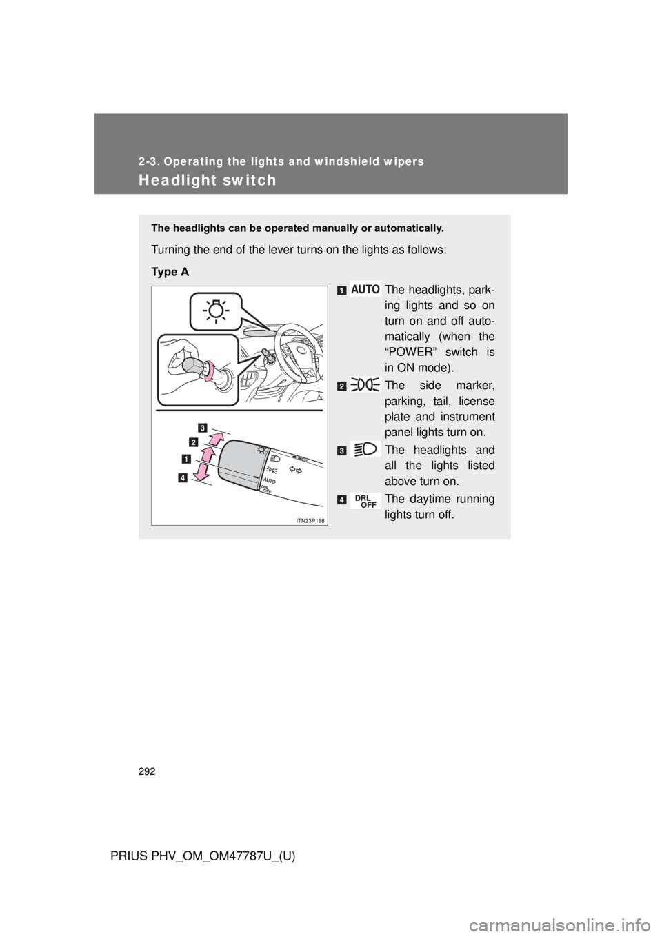 TOYOTA PRIUS PHV 2013  Owners Manual 292
PRIUS PHV_OM_OM47787U_(U)
2-3. Operating the lights and windshield wipers
Headlight switch
The headlights can be operated manually or automatically. 
Turning the end of the lever turns on the ligh