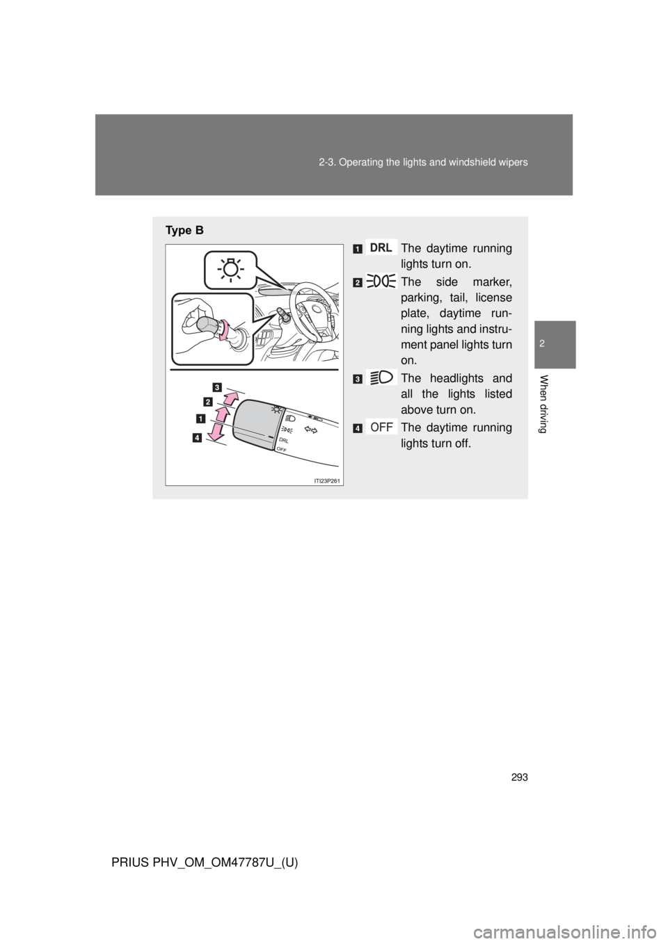 TOYOTA PRIUS PHV 2013  Owners Manual 293
2-3. Operating the lights and windshield wipers
PRIUS PHV_OM_OM47787U_(U)
2
When driving
Ty p e   B
The daytime running
lights turn on.
The side marker,
parking, tail, license
plate, daytime run-
