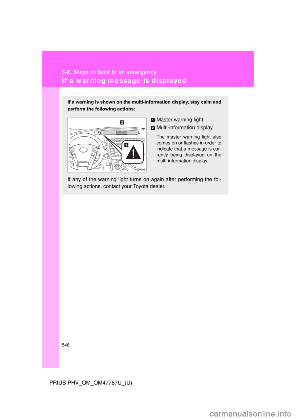 TOYOTA PRIUS PHV 2013 Owners Manual 546
5-2. Steps to take in an emergency
PRIUS PHV_OM_OM47787U_(U)
If a warning message is displayed
If a warning is shown on the multi-information display, stay calm and
perform the following actions:
TOYOTA PRIUS PHV 2013 Owners Manual 546
5-2. Steps to take in an emergency
PRIUS PHV_OM_OM47787U_(U)
If a warning message is displayed
If a warning is shown on the multi-information display, stay calm and
perform the following actions: