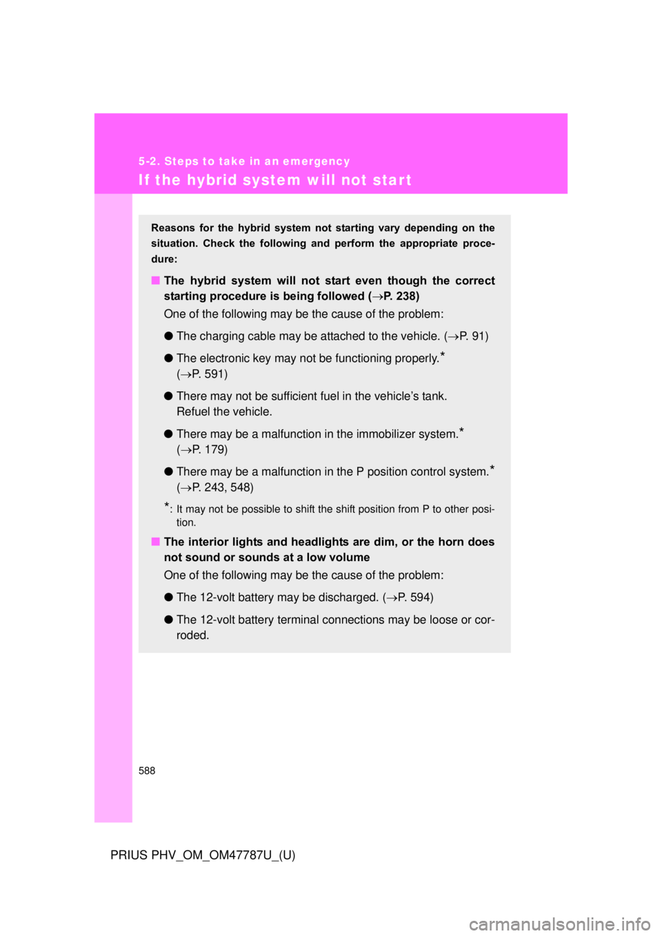 TOYOTA PRIUS PHV 2013 Owners Manual 588
5-2. Steps to take in an emergency
PRIUS PHV_OM_OM47787U_(U)
If the hybrid system will not start
Reasons for the hybrid system not starting vary depending on the
situation. Check the f TOYOTA PRIUS PHV 2013 Owners Manual 588
5-2. Steps to take in an emergency
PRIUS PHV_OM_OM47787U_(U)
If the hybrid system will not start
Reasons for the hybrid system not starting vary depending on the
situation. Check the f