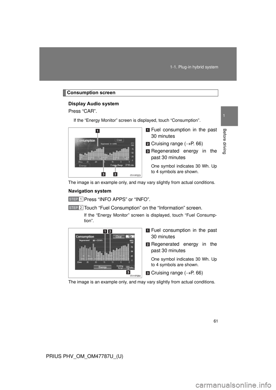 TOYOTA PRIUS PHV 2013 Owners Manual 61
1-1. Plug-in hybrid system
1
Before driving
PRIUS PHV_OM_OM47787U_(U)
Consumption screen
Display Audio system
Press “CAR”.
If the “Energy Monitor” screen is displayed, touch “Consumption TOYOTA PRIUS PHV 2013 Owners Manual 61
1-1. Plug-in hybrid system
1
Before driving
PRIUS PHV_OM_OM47787U_(U)
Consumption screen
Display Audio system
Press “CAR”.
If the “Energy Monitor” screen is displayed, touch “Consumption
