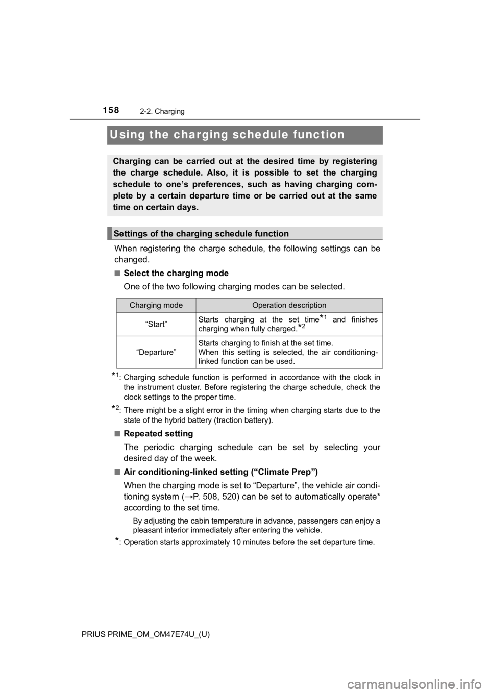 TOYOTA PRIUS PRIME 2022 Owners Manual 158
PRIUS PRIME_OM_OM47E74U_(U)
2-2. Charging
Using the charging schedule function
When registering the charge schedule, the following settings ca n be
changed.
■Select the charging mode
On TOYOTA PRIUS PRIME 2022 Owners Manual 158
PRIUS PRIME_OM_OM47E74U_(U)
2-2. Charging
Using the charging schedule function
When registering the charge schedule, the following settings ca n be
changed.
■Select the charging mode
On