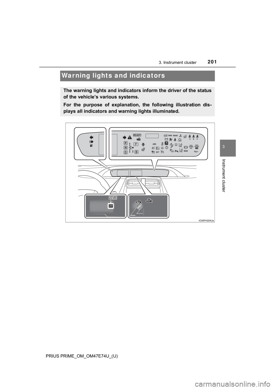 TOYOTA PRIUS PRIME 2022 Owners Manual 201
PRIUS PRIME_OM_OM47E74U_(U)
3. Instrument cluster
3
Instrument cluster
Warning lights and indicators
The warning lights and indicators inform the driver of the status
of the vehicle’s various sy TOYOTA PRIUS PRIME 2022 Owners Manual 201
PRIUS PRIME_OM_OM47E74U_(U)
3. Instrument cluster
3
Instrument cluster
Warning lights and indicators
The warning lights and indicators inform the driver of the status
of the vehicle’s various sy