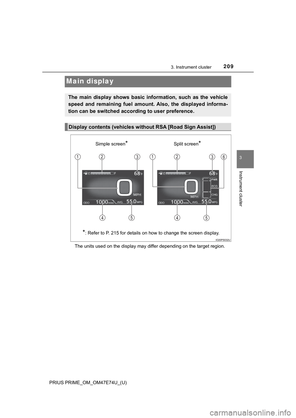 TOYOTA PRIUS PRIME 2022 Owners Manual 209
PRIUS PRIME_OM_OM47E74U_(U)
3. Instrument cluster
3
Instrument cluster
Main display
The units used on the display may differ depending on the target region.
The main display shows basic infor TOYOTA PRIUS PRIME 2022 Owners Manual 209
PRIUS PRIME_OM_OM47E74U_(U)
3. Instrument cluster
3
Instrument cluster
Main display
The units used on the display may differ depending on the target region.
The main display shows basic infor
