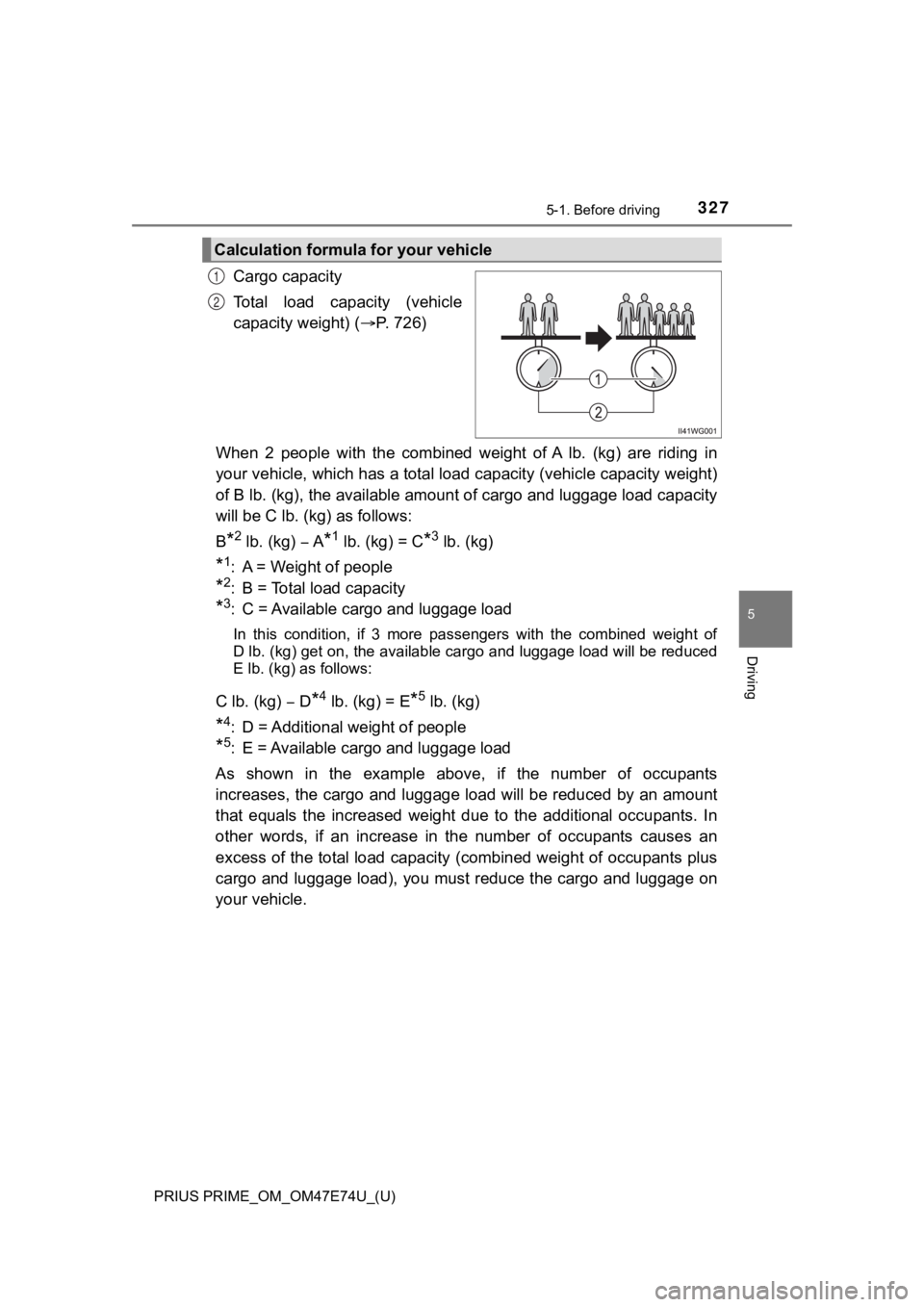 TOYOTA PRIUS PRIME 2022 Owners Manual PRIUS PRIME_OM_OM47E74U_(U)
3275-1. Before driving
5
Driving
Cargo capacity
Total load capacity (vehicle
capacity weight) (P. 726)
When 2 people with the combined weight of A lb. (kg) TOYOTA PRIUS PRIME 2022 Owners Manual PRIUS PRIME_OM_OM47E74U_(U)
3275-1. Before driving
5
Driving
Cargo capacity
Total load capacity (vehicle
capacity weight) (P. 726)
When 2 people with the combined weight of A lb. (kg)