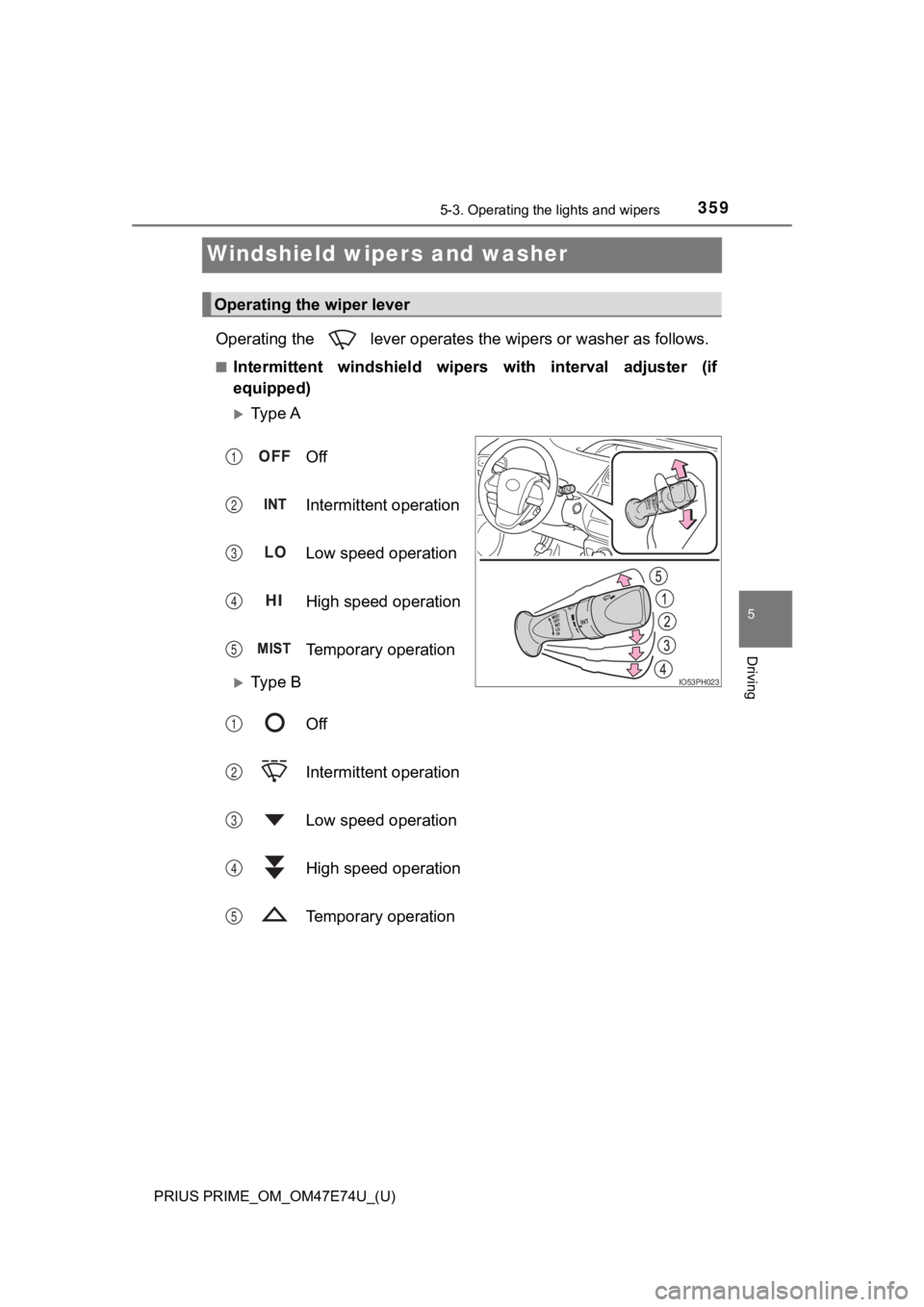 TOYOTA PRIUS PRIME 2022 Owners Manual 359
PRIUS PRIME_OM_OM47E74U_(U)
5-3. Operating the lights and wipers
5
Driving
Windshield wipers and washer
Operating the lever operates the wipers or washer as follows.
■Intermittent windshield TOYOTA PRIUS PRIME 2022 Owners Manual 359
PRIUS PRIME_OM_OM47E74U_(U)
5-3. Operating the lights and wipers
5
Driving
Windshield wipers and washer
Operating the lever operates the wipers or washer as follows.
■Intermittent windshield