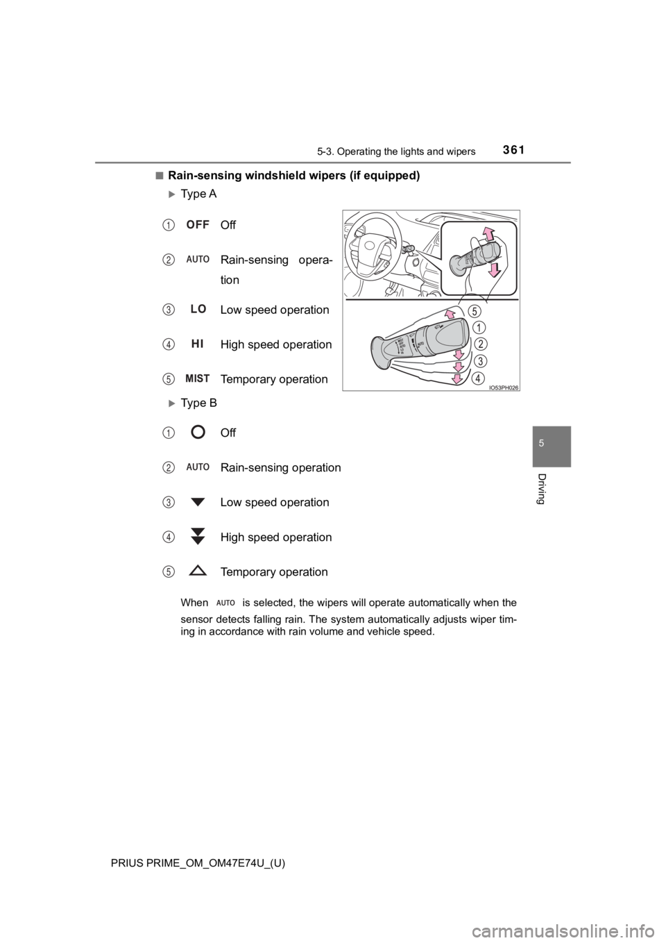 TOYOTA PRIUS PRIME 2022 Owners Manual PRIUS PRIME_OM_OM47E74U_(U)
3615-3. Operating the lights and wipers
5
Driving
■Rain-sensing windshield wipers (if equipped)
Ty p e A
Off
Rain-sensing opera-
tion
Low speed operation
High speed TOYOTA PRIUS PRIME 2022 Owners Manual PRIUS PRIME_OM_OM47E74U_(U)
3615-3. Operating the lights and wipers
5
Driving
■Rain-sensing windshield wipers (if equipped)
Ty p e A
Off
Rain-sensing opera-
tion
Low speed operation
High speed